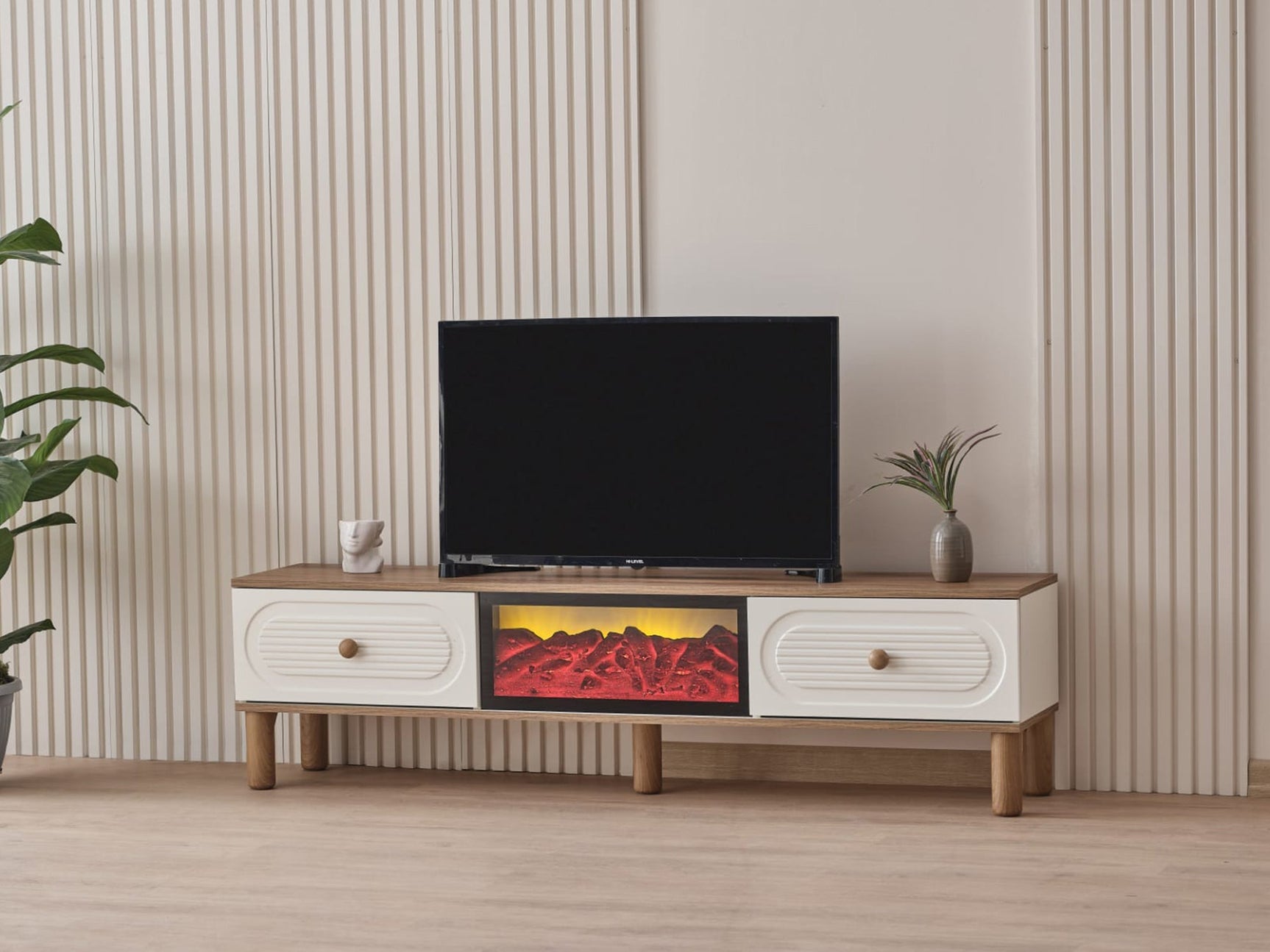 Bohem White/Walnut Tv Stand With Fireplace