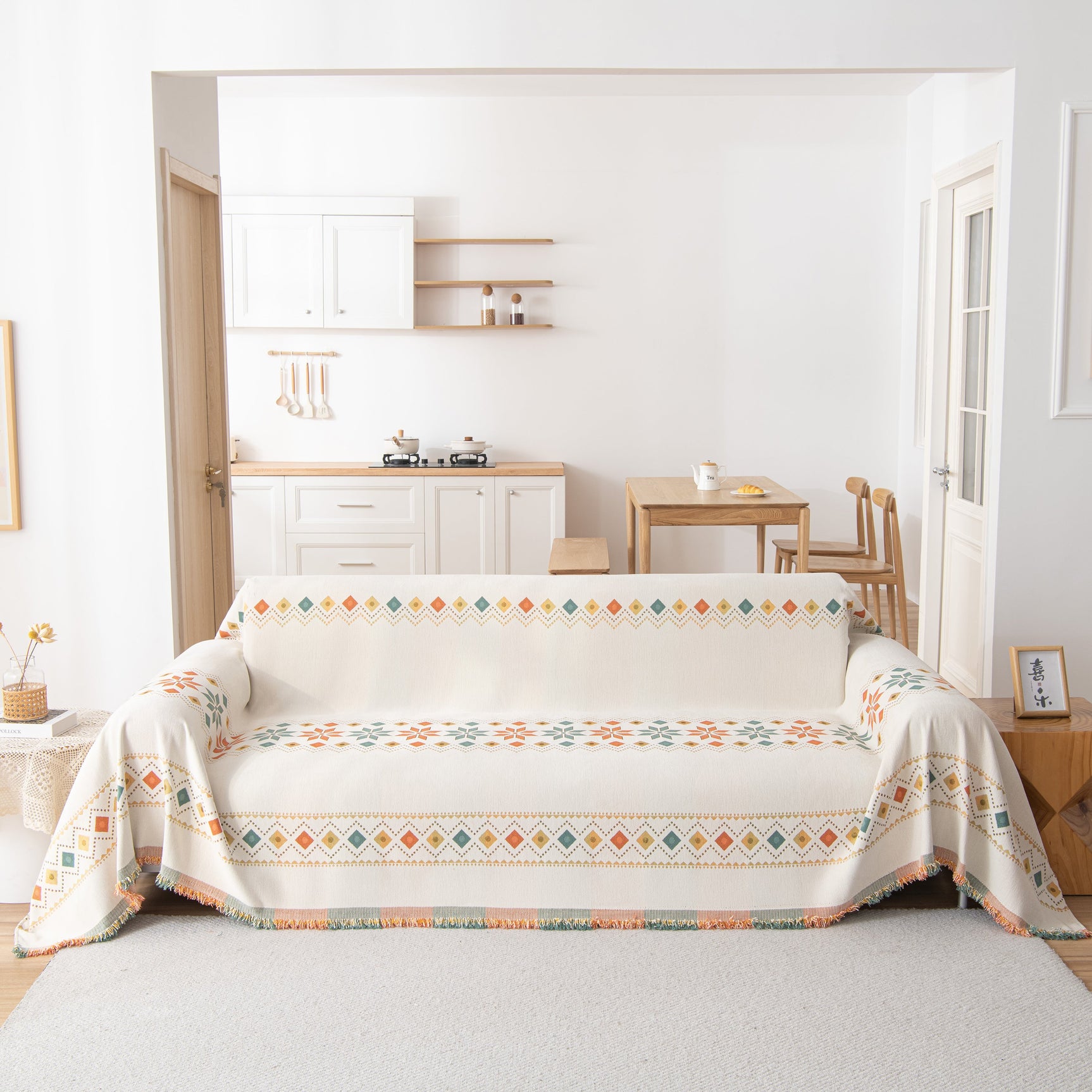 Bohemian Geometric Sofa Throw Cover, Cozy & Protective Ethnic-Inspired Couch Cover - Ornate Home
