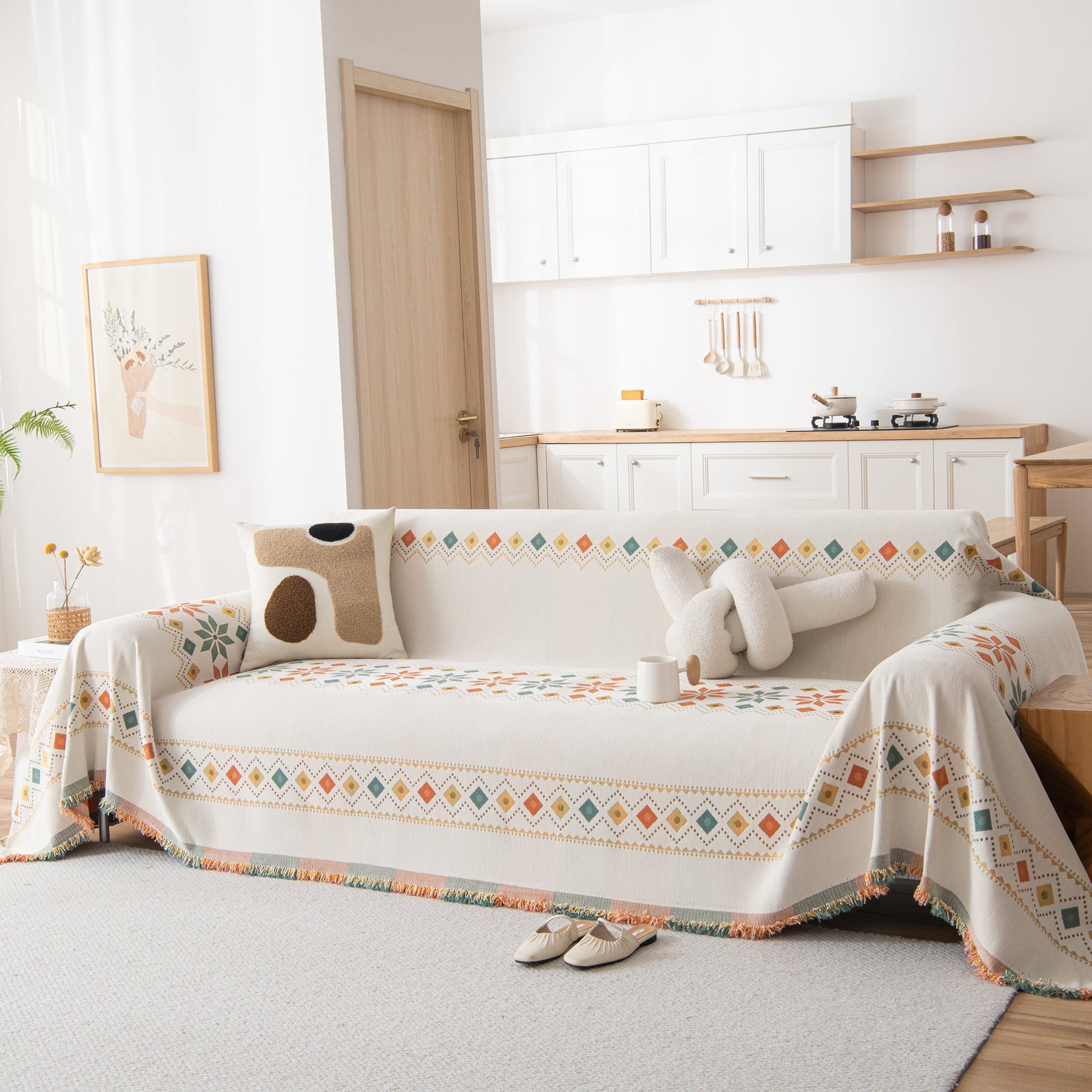 Bohemian Geometric Sofa Throw Cover, Cozy & Protective Ethnic-Inspired Couch Cover - Ornate Home