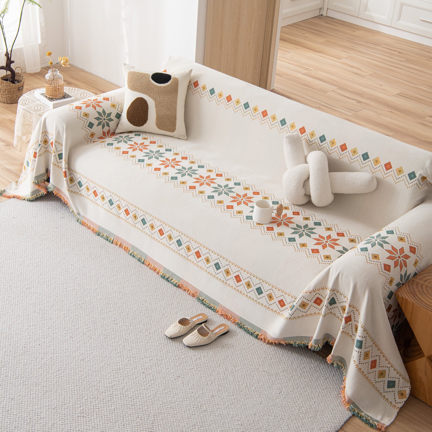 Bohemian Geometric Sofa Throw Cover, Cozy & Protective Ethnic-Inspired Couch Cover - Ornate Home