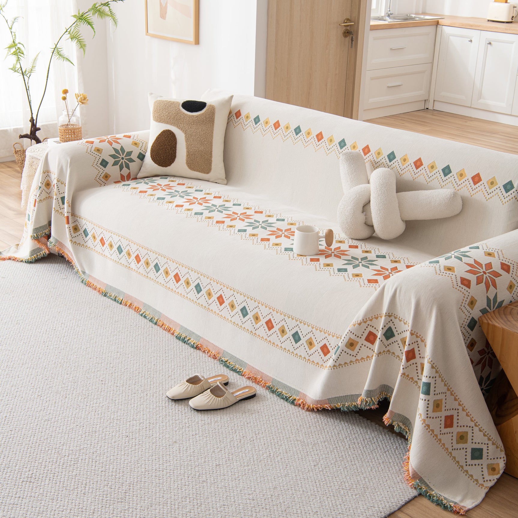 Bohemian Geometric Sofa Throw Cover, Cozy & Protective Ethnic-Inspired Couch Cover - Ornate Home