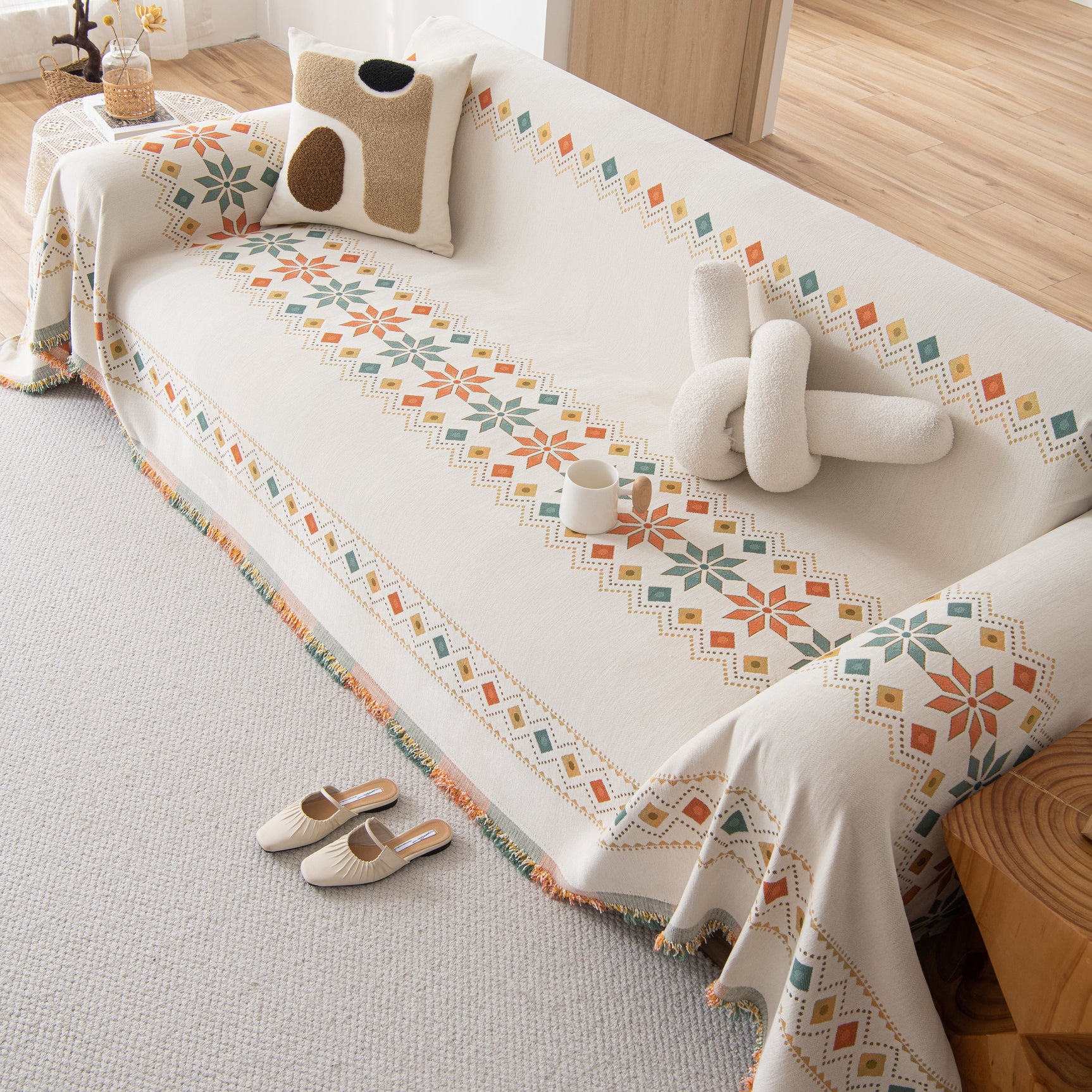 Bohemian Geometric Sofa Throw Cover, Cozy & Protective Ethnic-Inspired Couch Cover - Ornate Home