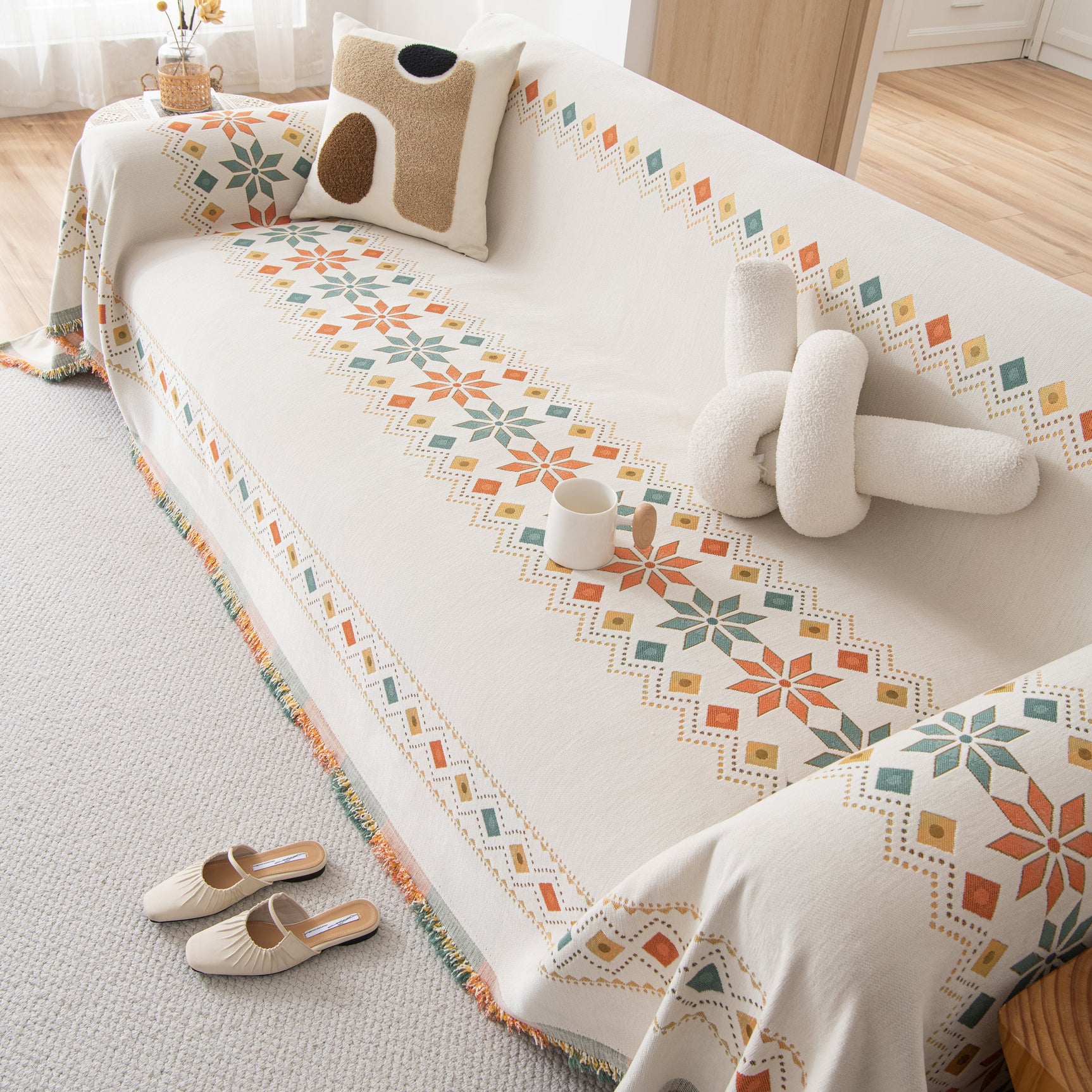 Bohemian Geometric Sofa Throw Cover, Cozy & Protective Ethnic-Inspired Couch Cover - Ornate Home