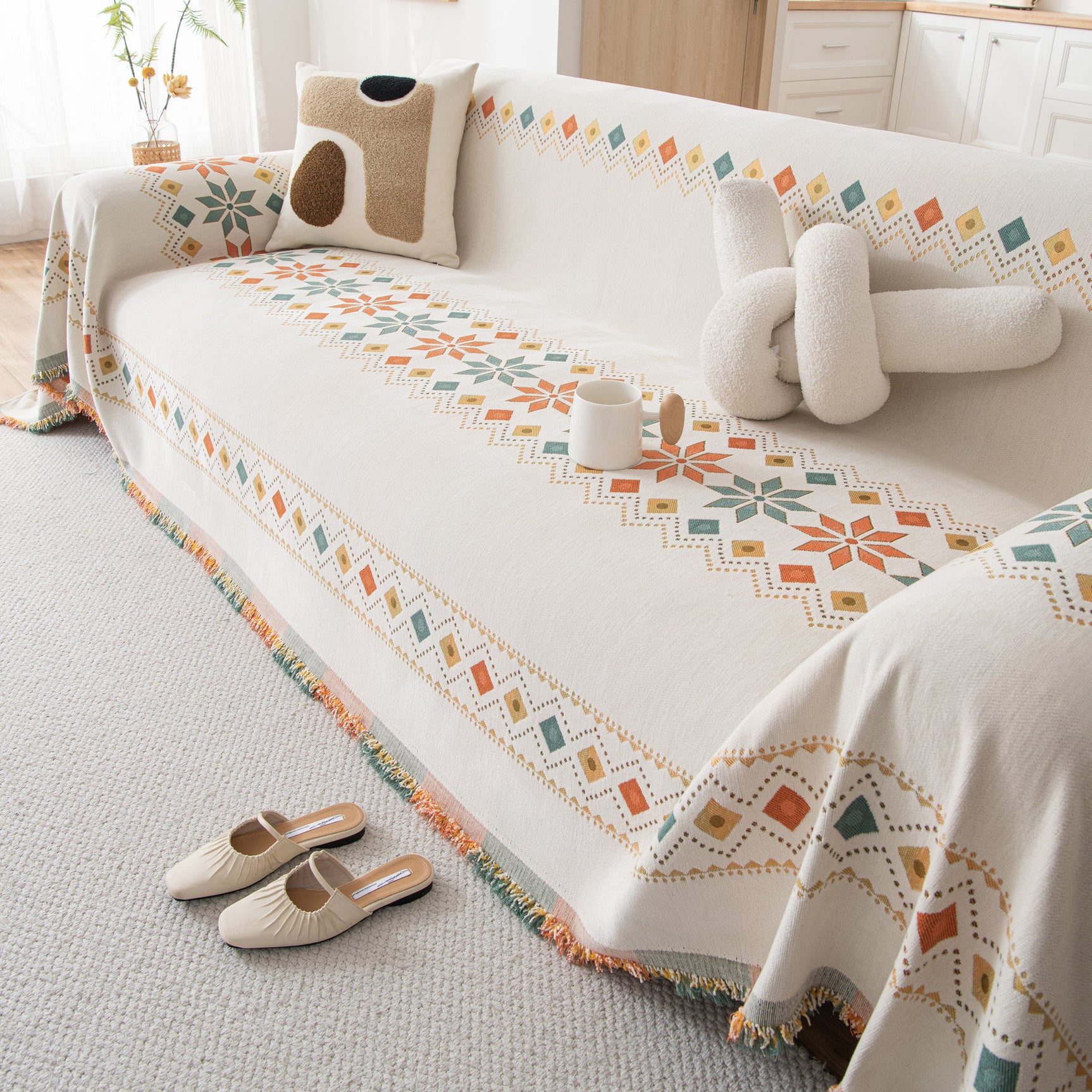 Bohemian Geometric Sofa Throw Cover, Cozy & Protective Ethnic-Inspired Couch Cover - Ornate Home