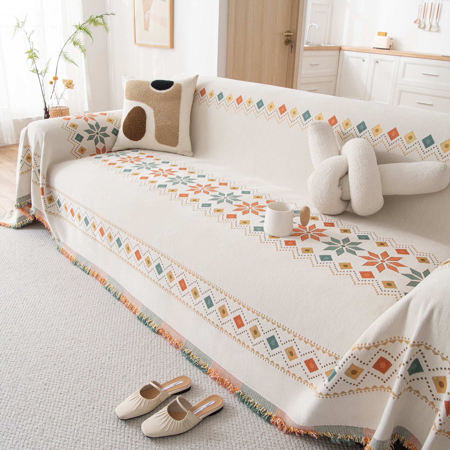 Bohemian Geometric Sofa Throw Cover, Cozy & Protective Ethnic-Inspired Couch Cover - Ornate Home