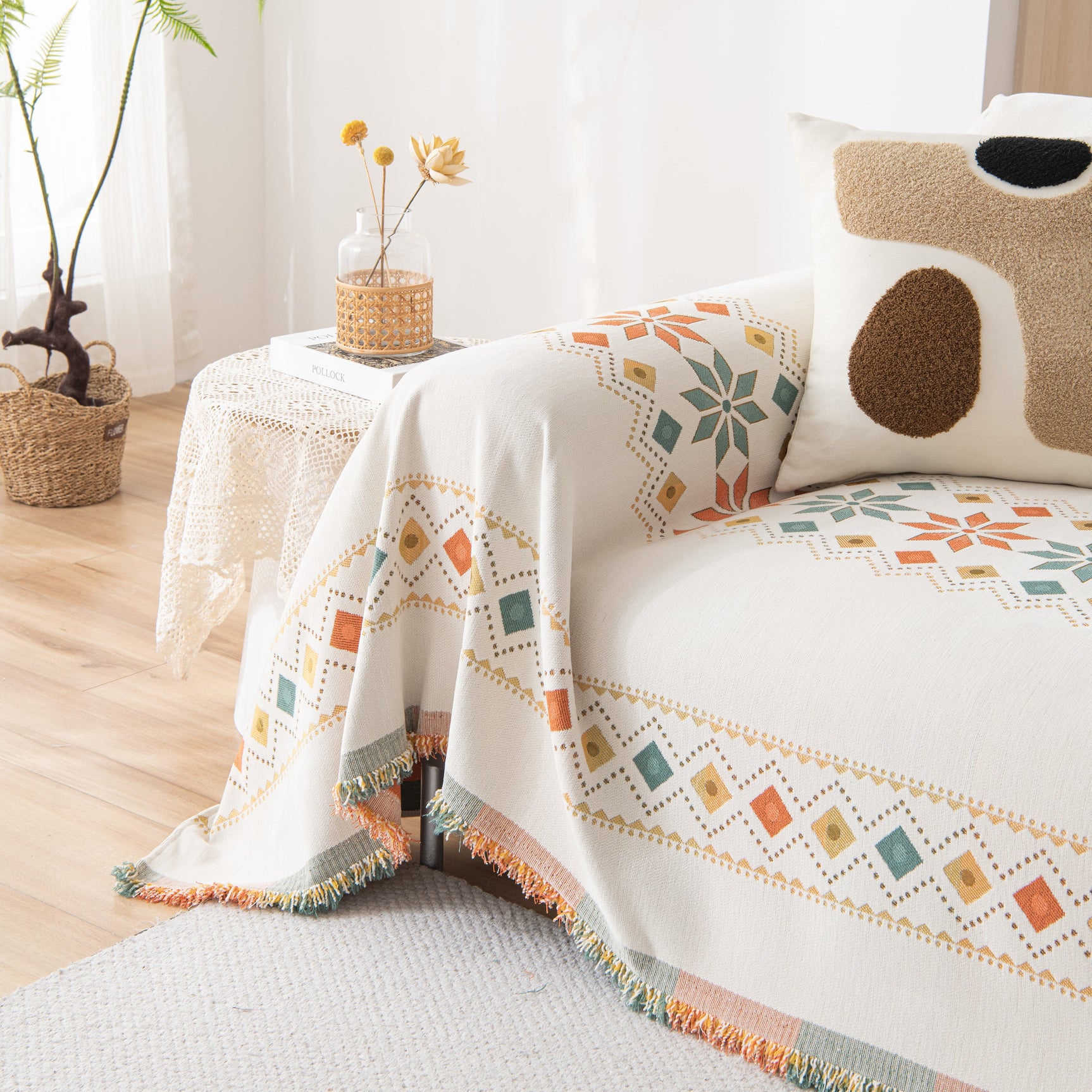 Bohemian Geometric Sofa Throw Cover, Cozy & Protective Ethnic-Inspired Couch Cover - Ornate Home