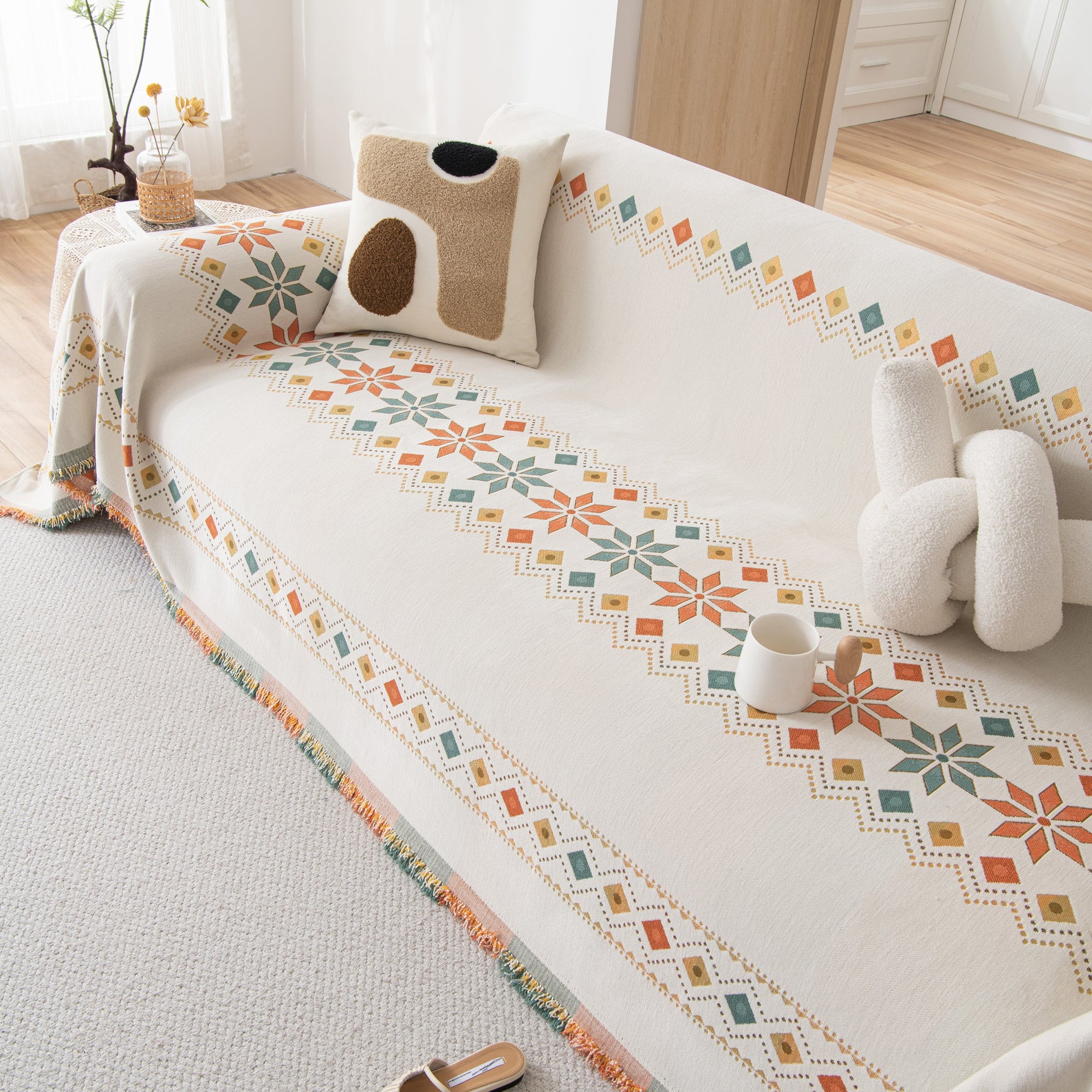 Bohemian Geometric Sofa Throw Cover, Cozy & Protective Ethnic-Inspired Couch Cover - Ornate Home