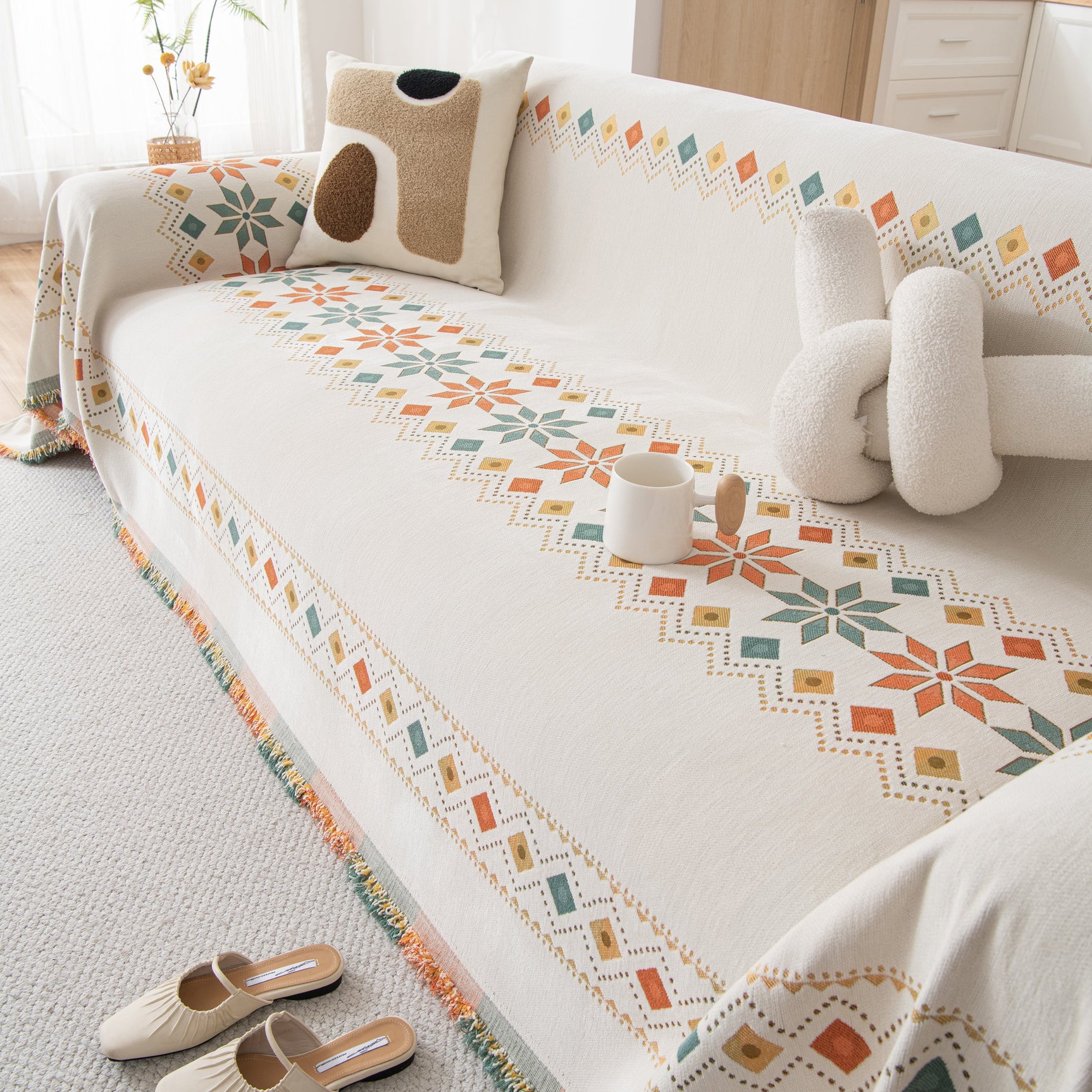 Bohemian Geometric Sofa Throw Cover, Cozy & Protective Ethnic-Inspired Couch Cover - Ornate Home