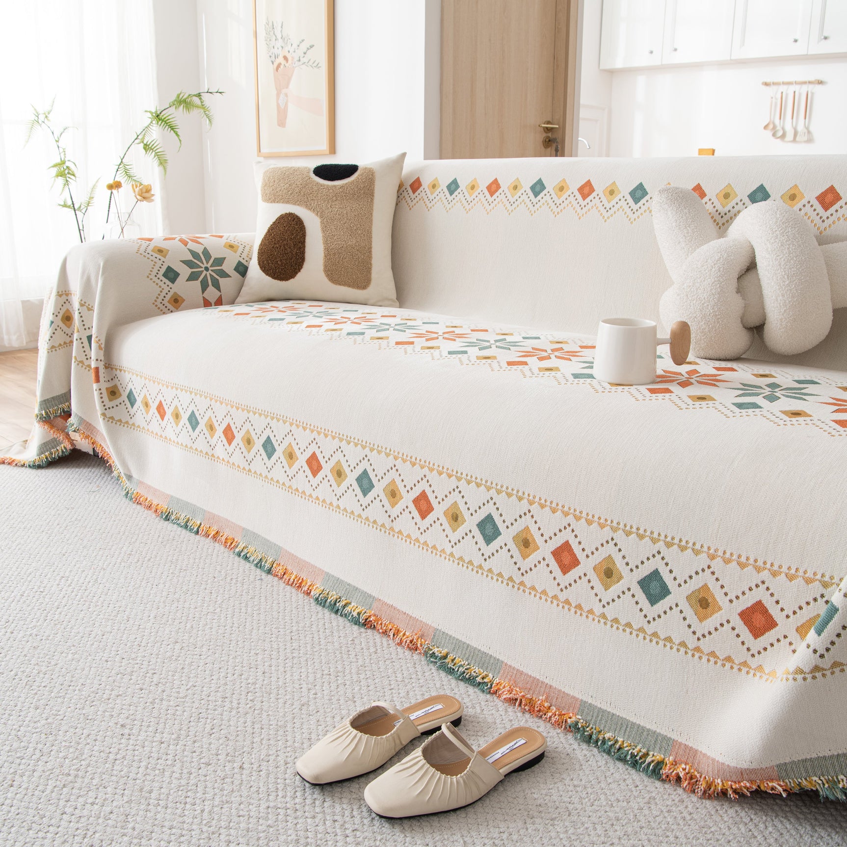 Bohemian Geometric Sofa Throw Cover, Cozy & Protective Ethnic-Inspired Couch Cover - Ornate Home