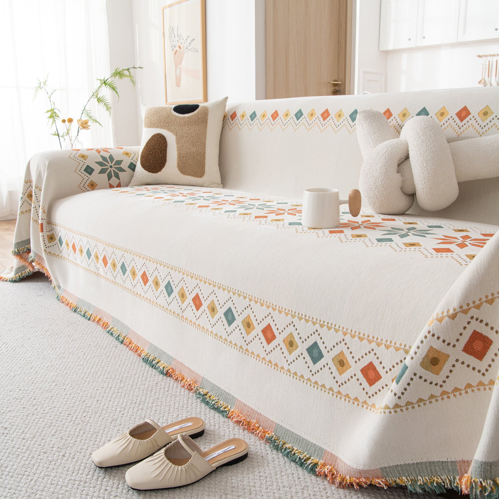 Bohemian Geometric Sofa Throw Cover, Cozy & Protective Ethnic-Inspired Couch Cover - Ornate Home