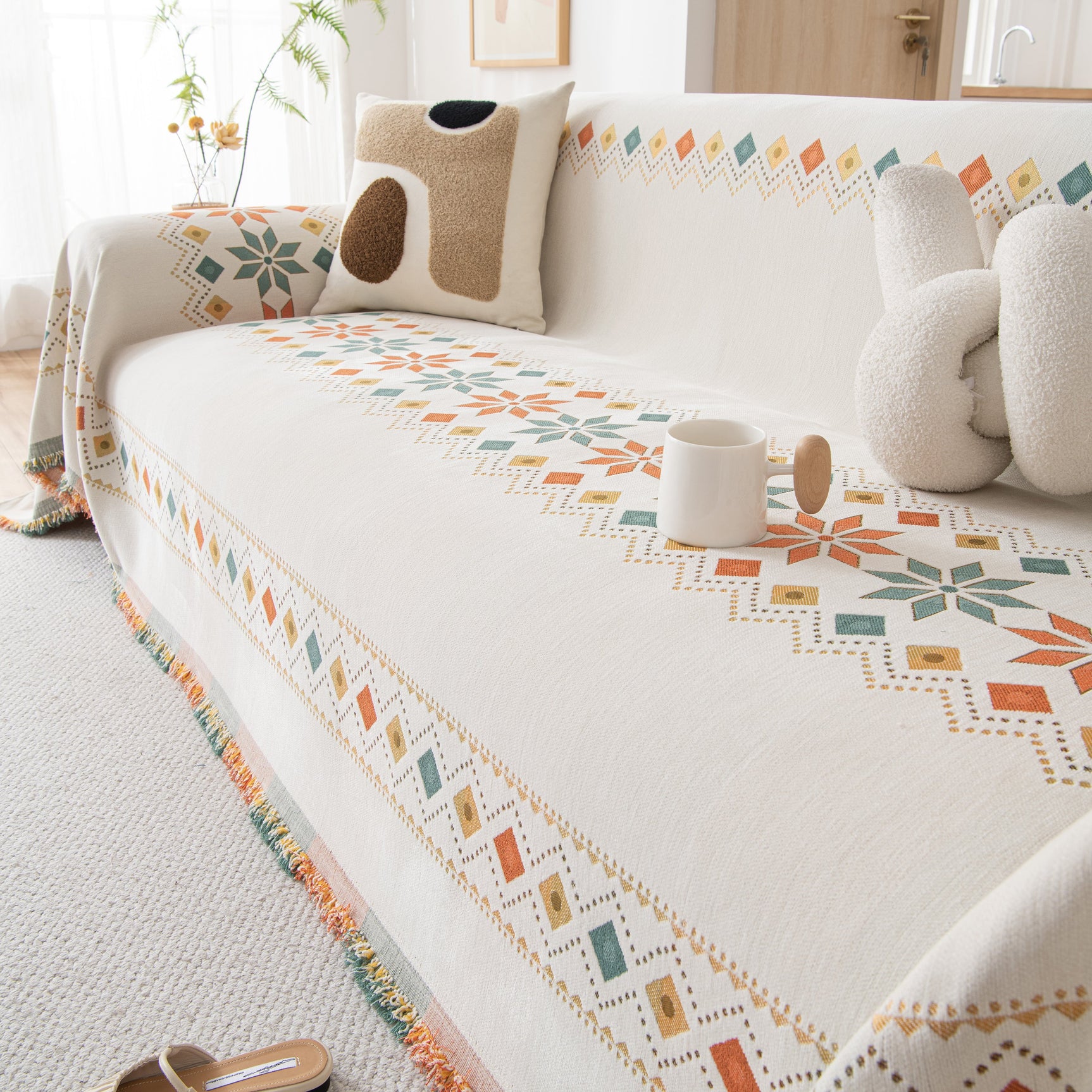 Bohemian Geometric Sofa Throw Cover, Cozy & Protective Ethnic-Inspired Couch Cover - Ornate Home