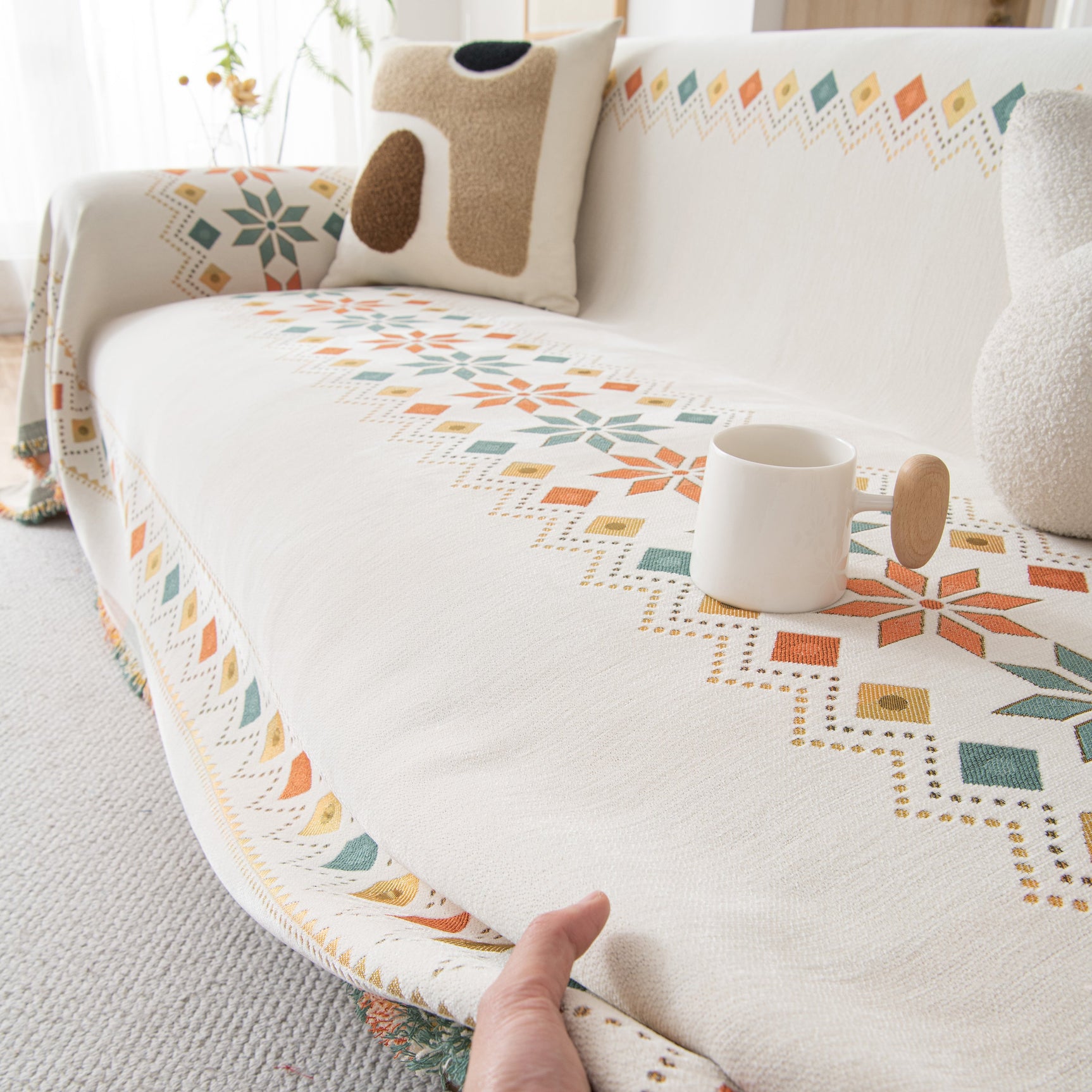 Bohemian Geometric Sofa Throw Cover, Cozy & Protective Ethnic-Inspired Couch Cover - Ornate Home