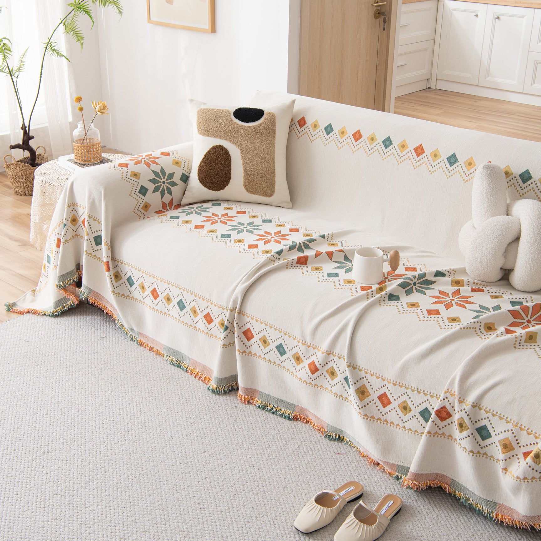 Bohemian Geometric Sofa Throw Cover, Cozy & Protective Ethnic-Inspired Couch Cover - Ornate Home