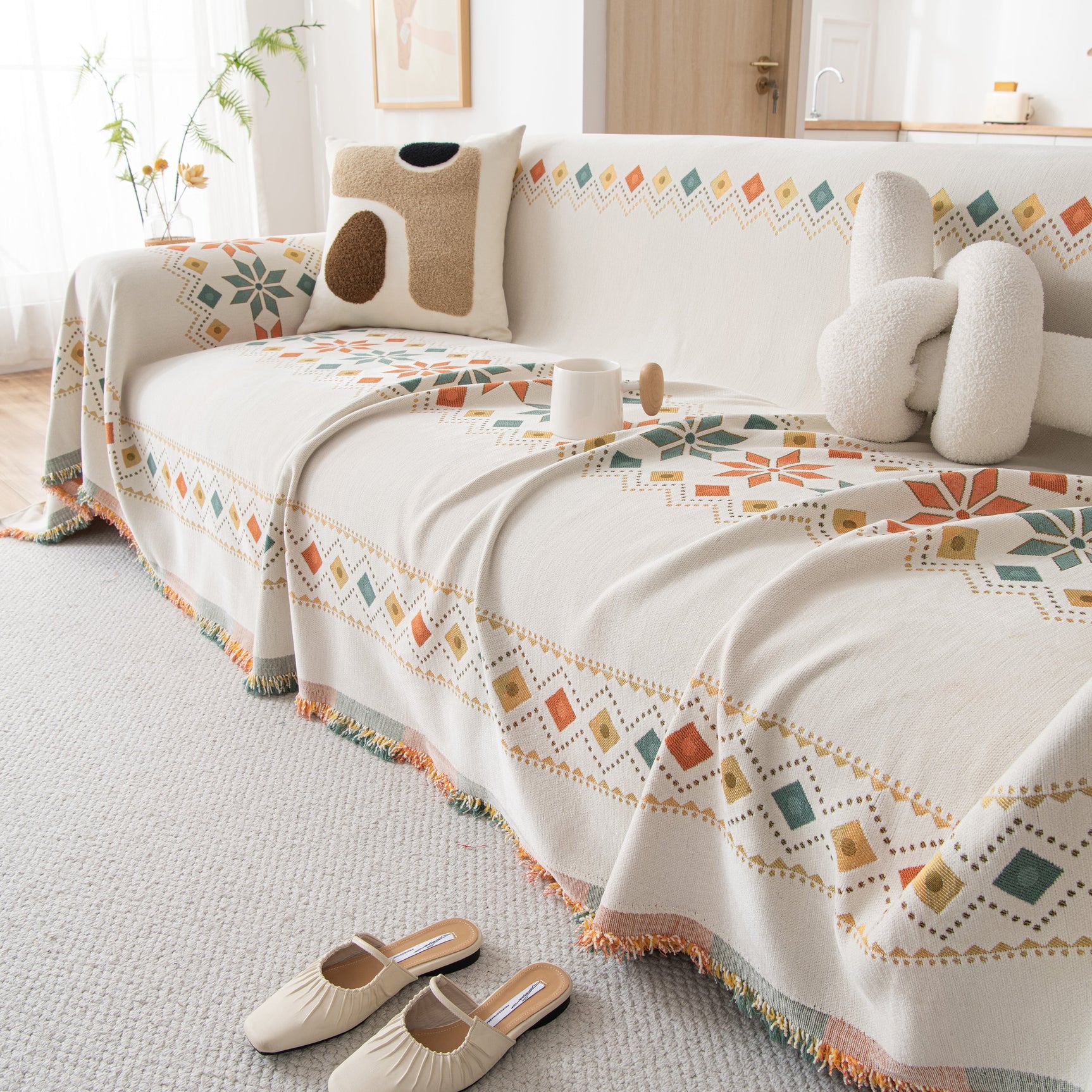 Bohemian Geometric Sofa Throw Cover, Cozy & Protective Ethnic-Inspired Couch Cover - Ornate Home