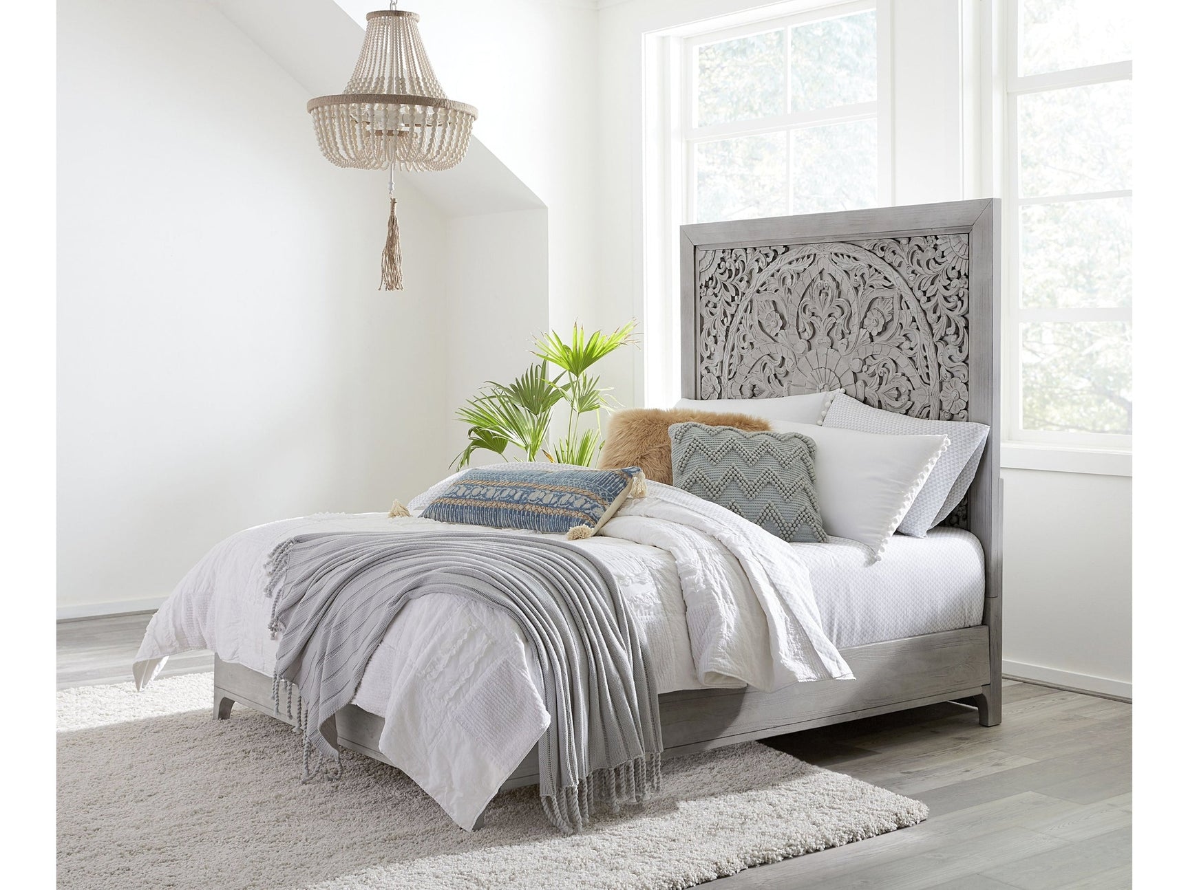 Boho Chic Carved California King Platform Bed in Washed White - Ornate Home