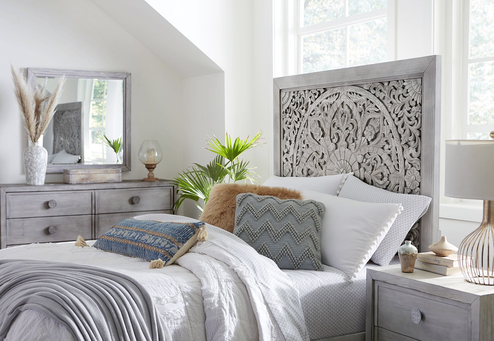 Boho Chic Carved Full Platform Bed in Washed White - Ornate Home