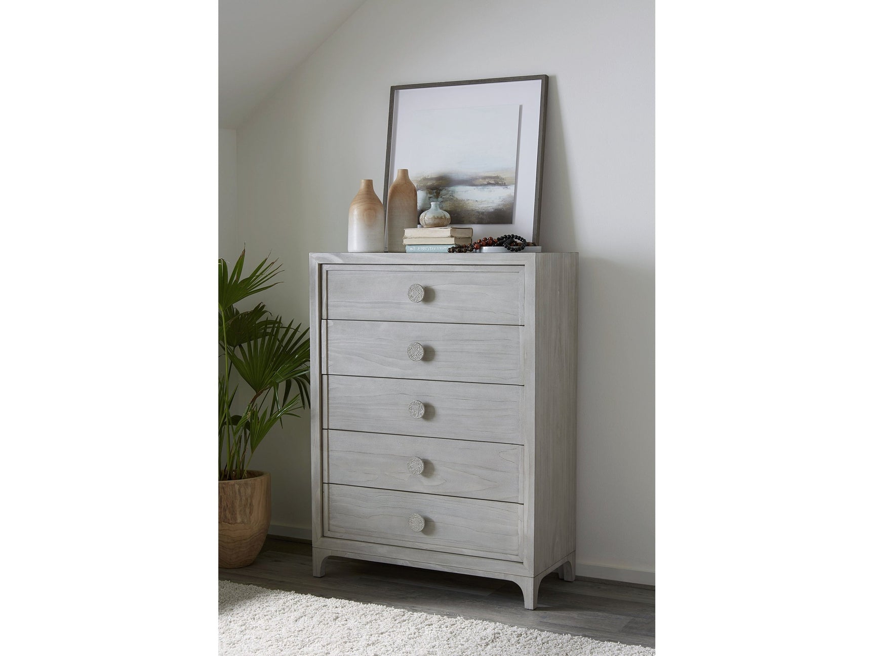Boho Chic Five-Drawer Chest in Washed White - Ornate Home