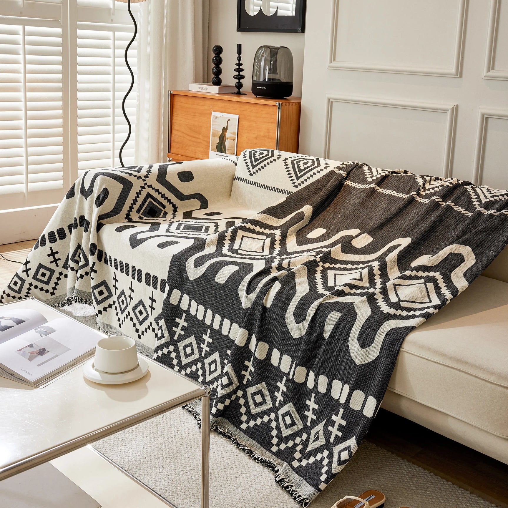 Boho Geometric Chenille Throw Sofa Cover Soft Textured Decorative Couch Blanket - Ornate Home
