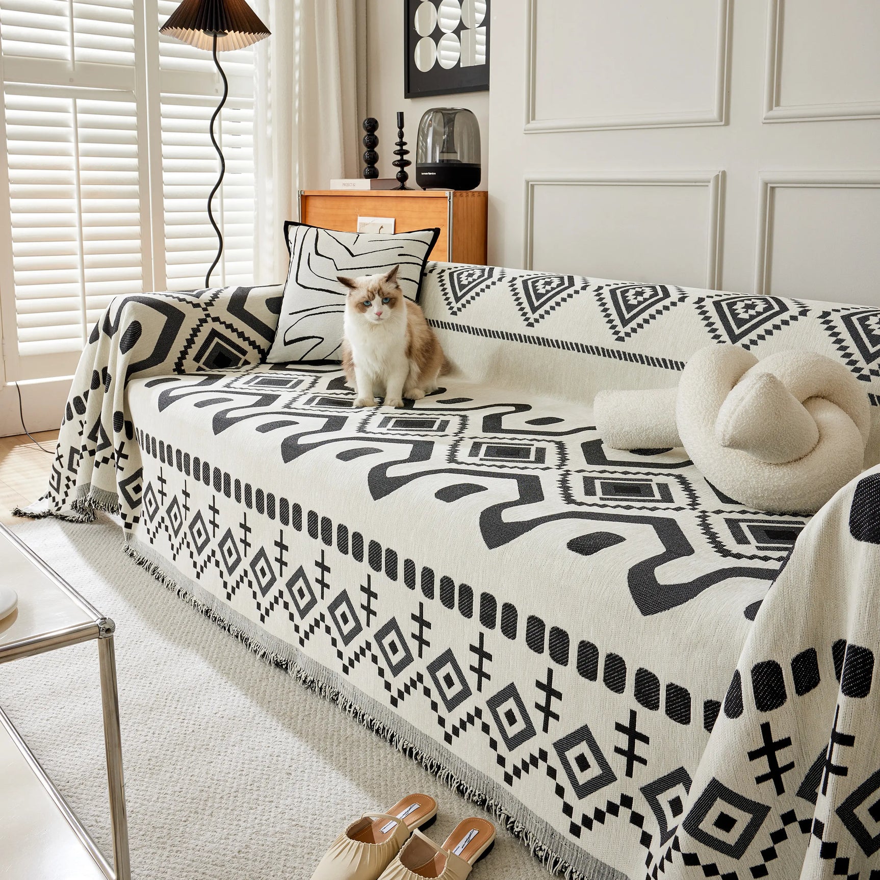 Boho Geometric Chenille Throw Sofa Cover Soft Textured Decorative Couch Blanket - Ornate Home