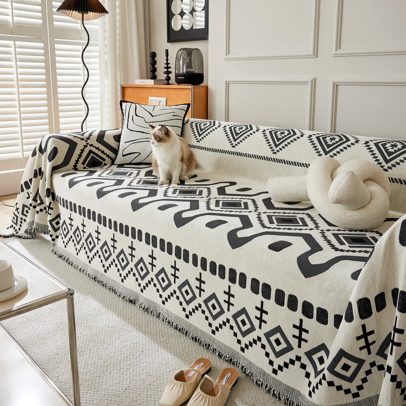 Boho Geometric Chenille Throw Sofa Cover Soft Textured Decorative Couch Blanket - Ornate Home