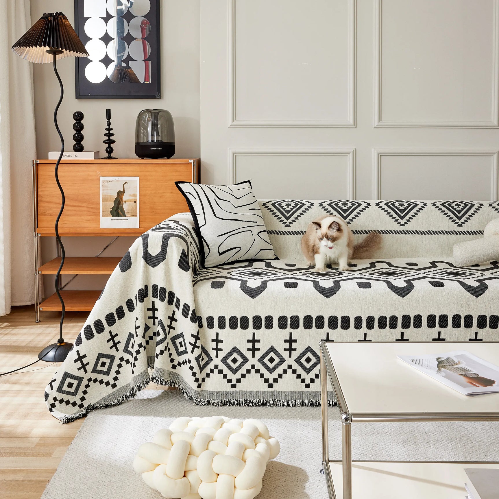 Boho Geometric Chenille Throw Sofa Cover Soft Textured Decorative Couch Blanket - Ornate Home