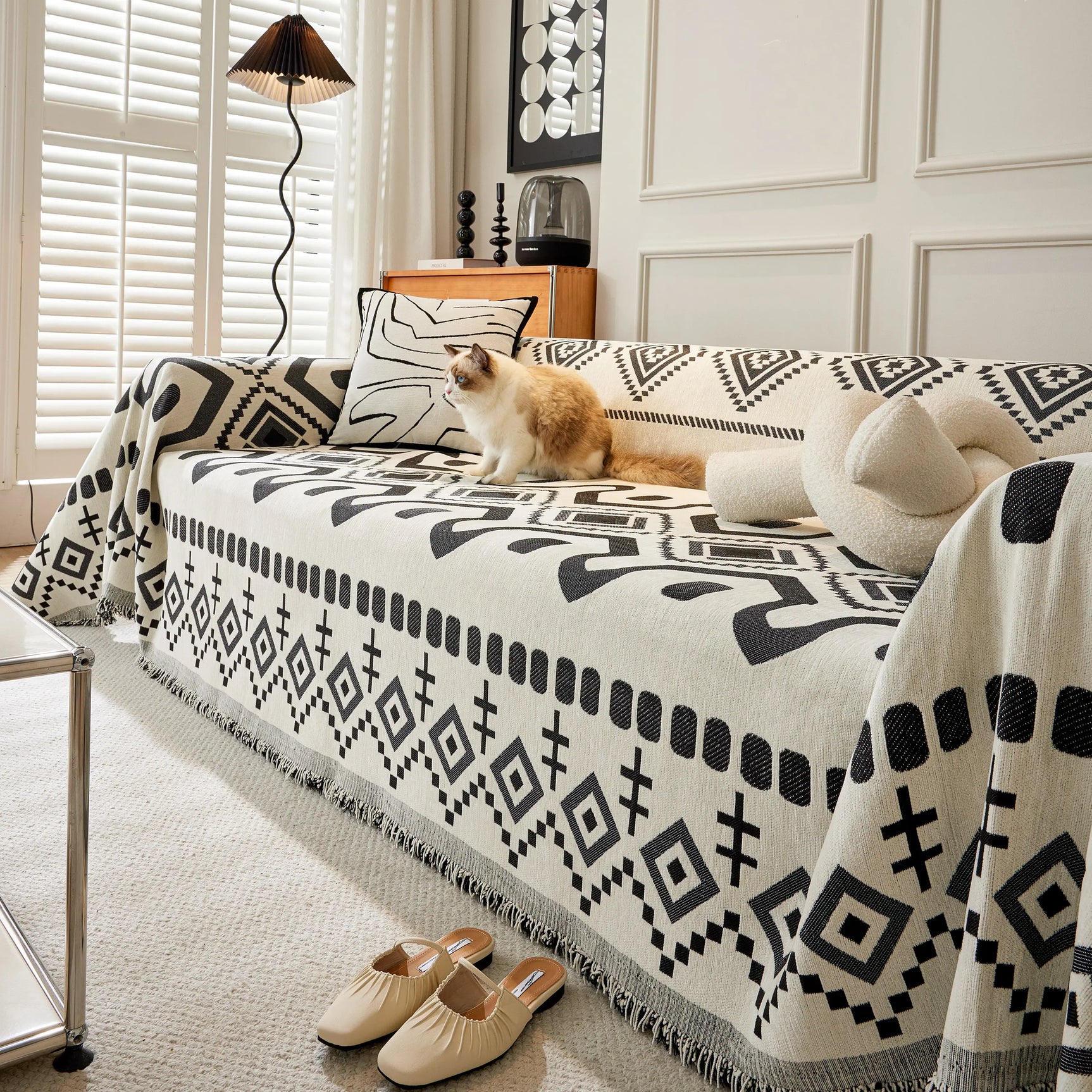 Boho Geometric Chenille Throw Sofa Cover Soft Textured Decorative Couch Blanket - Ornate Home