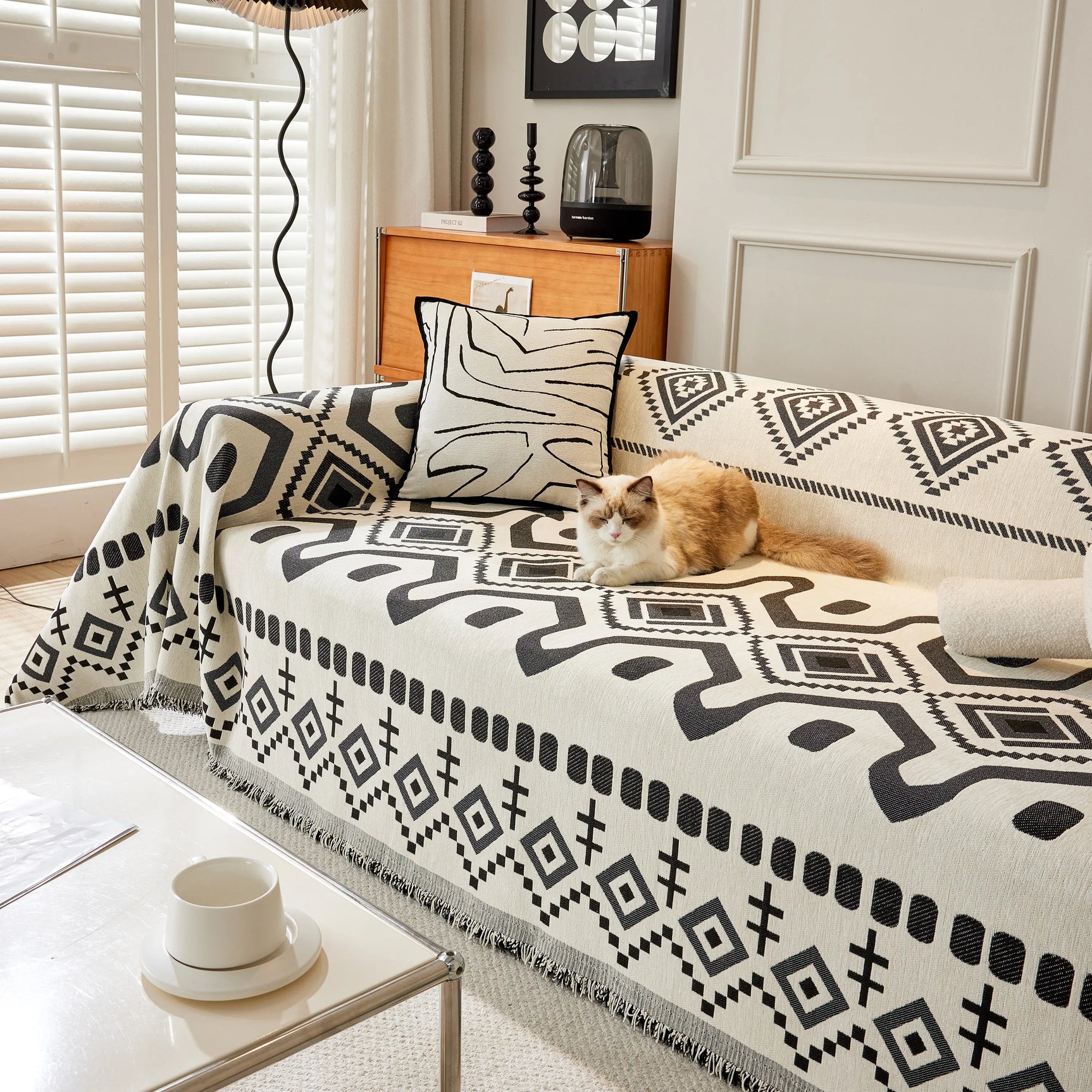 Boho Geometric Chenille Throw Sofa Cover Soft Textured Decorative Couch Blanket - Ornate Home