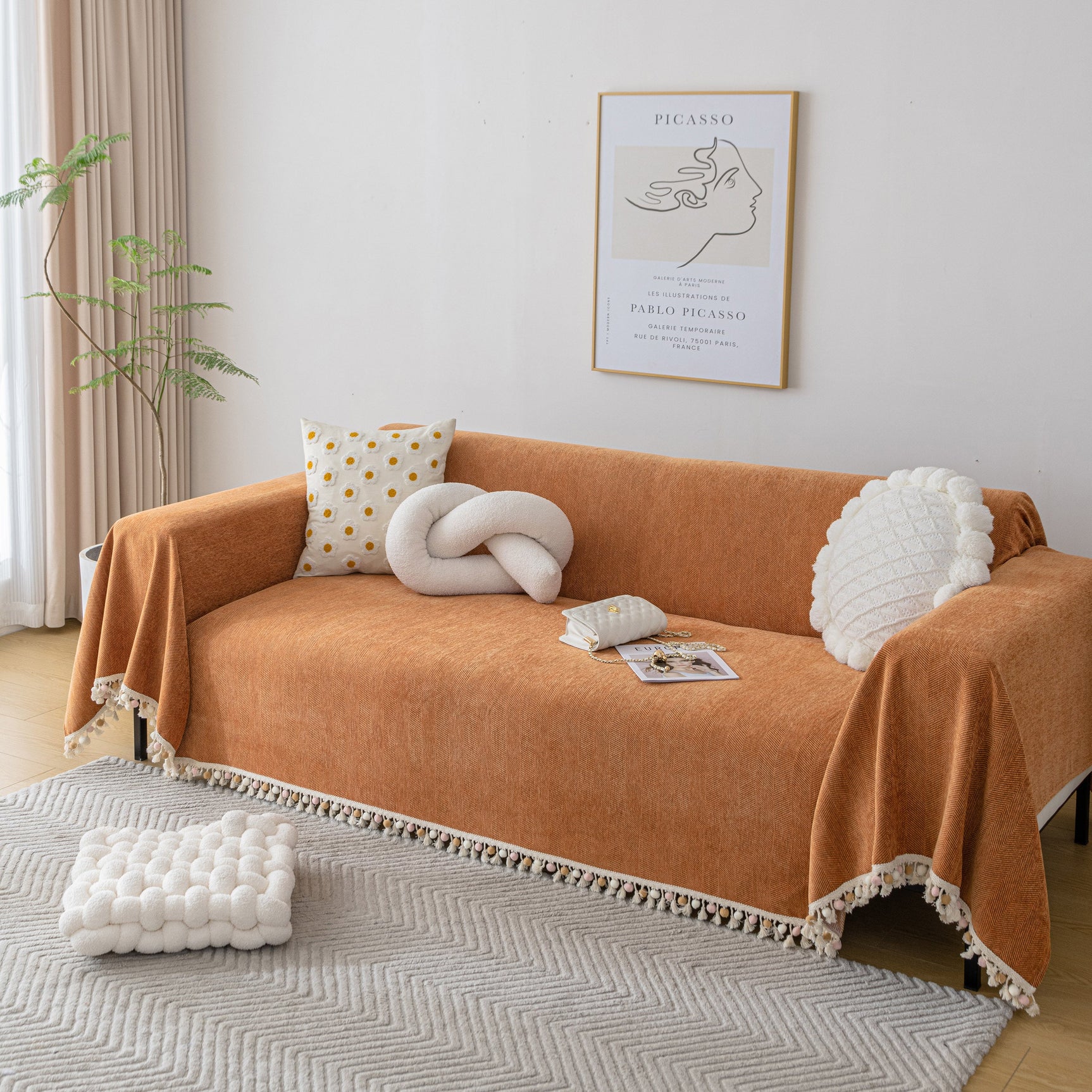Boho Herringbone Sofa Throw Blanket with Pom Pom Tassels Stylish Furniture Slipcover - Ornate Home