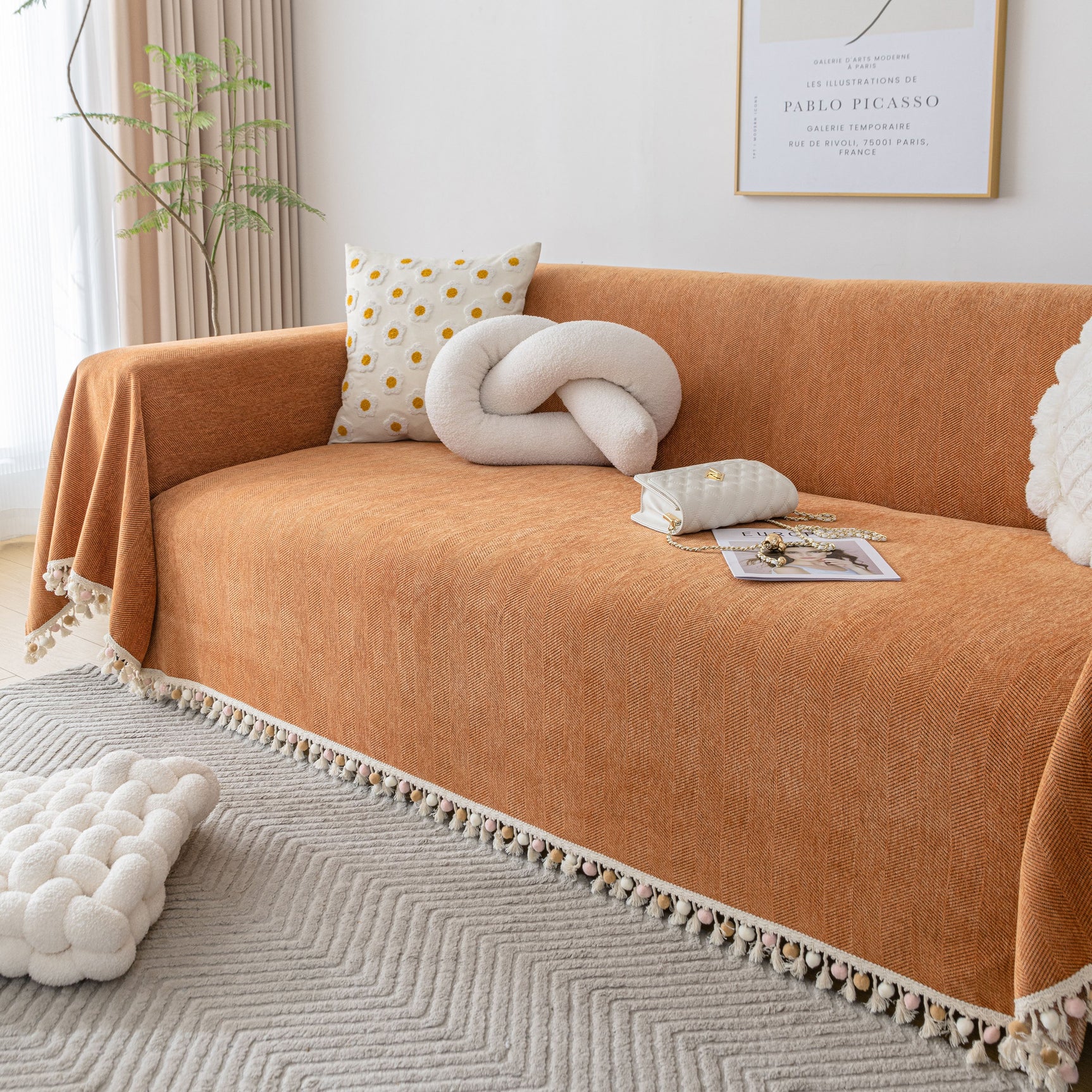 Boho Herringbone Sofa Throw Blanket with Pom Pom Tassels Stylish Furniture Slipcover - Ornate Home