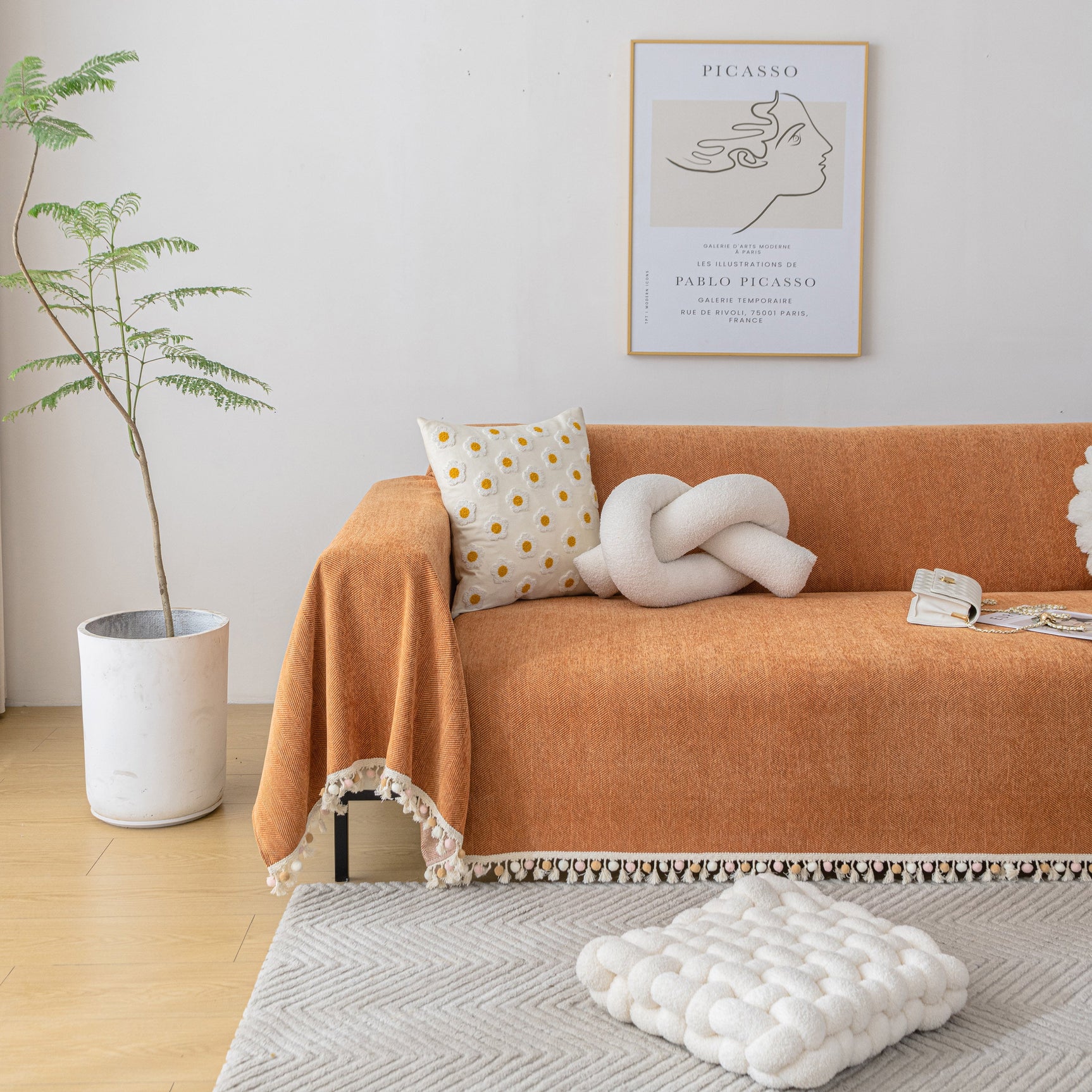 Boho Herringbone Sofa Throw Blanket with Pom Pom Tassels Stylish Furniture Slipcover - Ornate Home