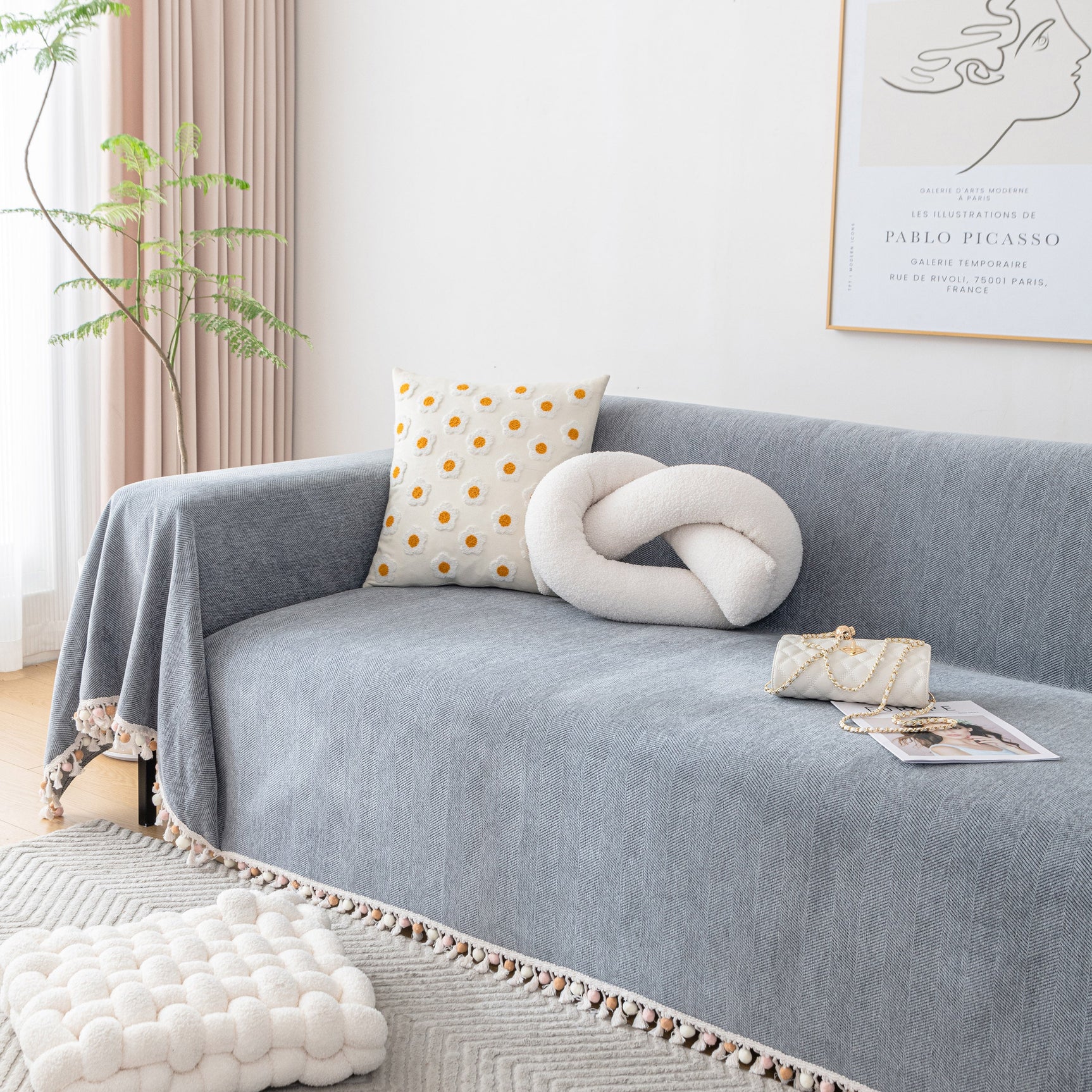 Boho Herringbone Sofa Throw Blanket with Pom Pom Tassels Stylish Furniture Slipcover - Ornate Home