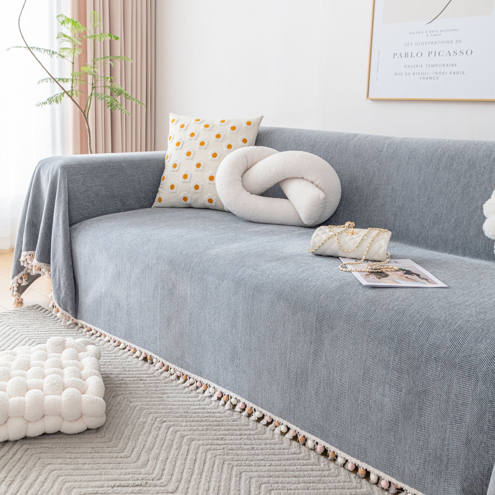 Boho Herringbone Sofa Throw Blanket with Pom Pom Tassels Stylish Furniture Slipcover - Ornate Home