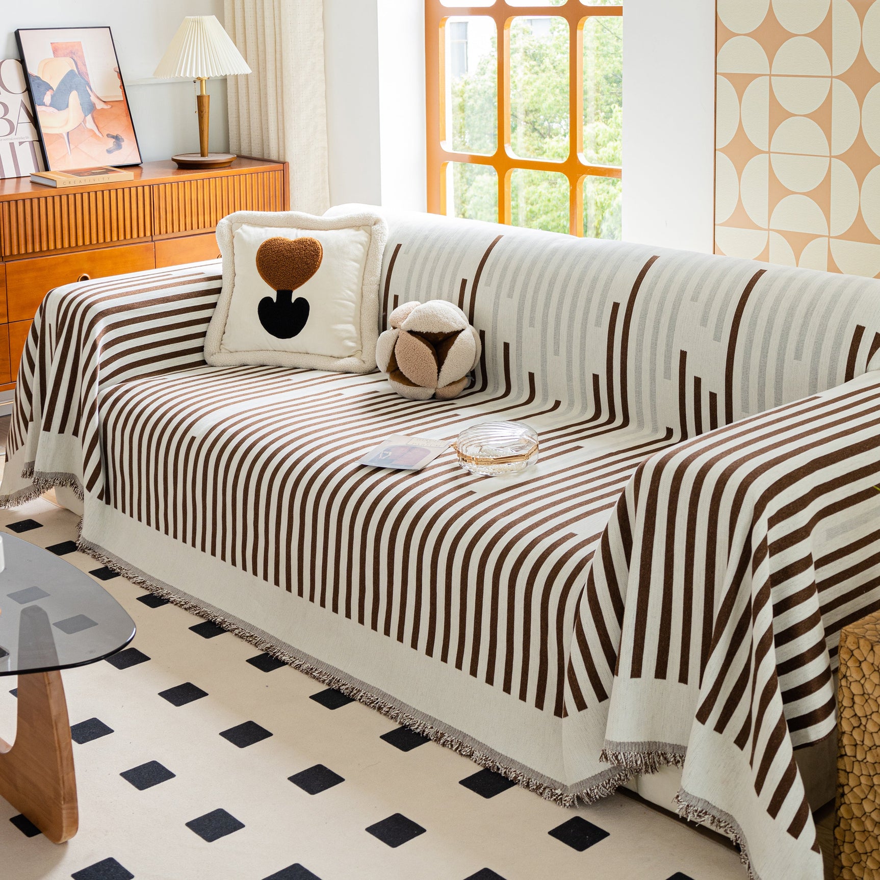 Boho Stripe Sectional Couch Cover Soft Chenille Sofa Slipcovers Blanket on The Sofa for Living Room - Ornate Home