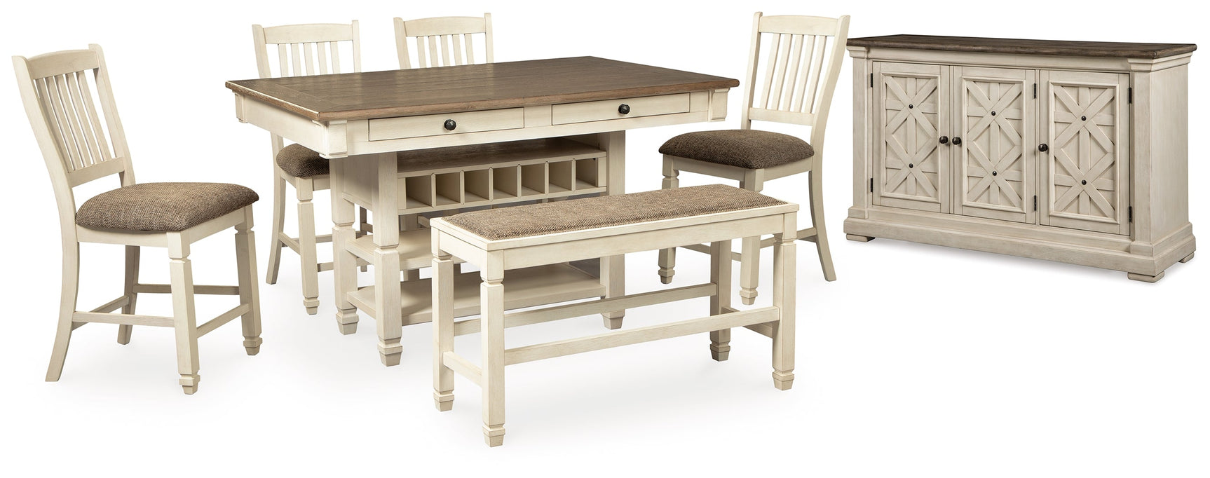 Bolanburg Two-tone Counter Height Dining Table, 4 Barstools, Bench and Server - Ornate Home