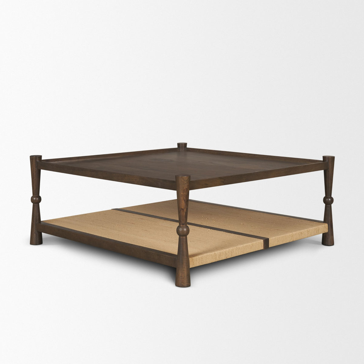 Bondi Dark Brown 42" Wood with Paper Rope Shelf Square Coffee Table - Ornate Home