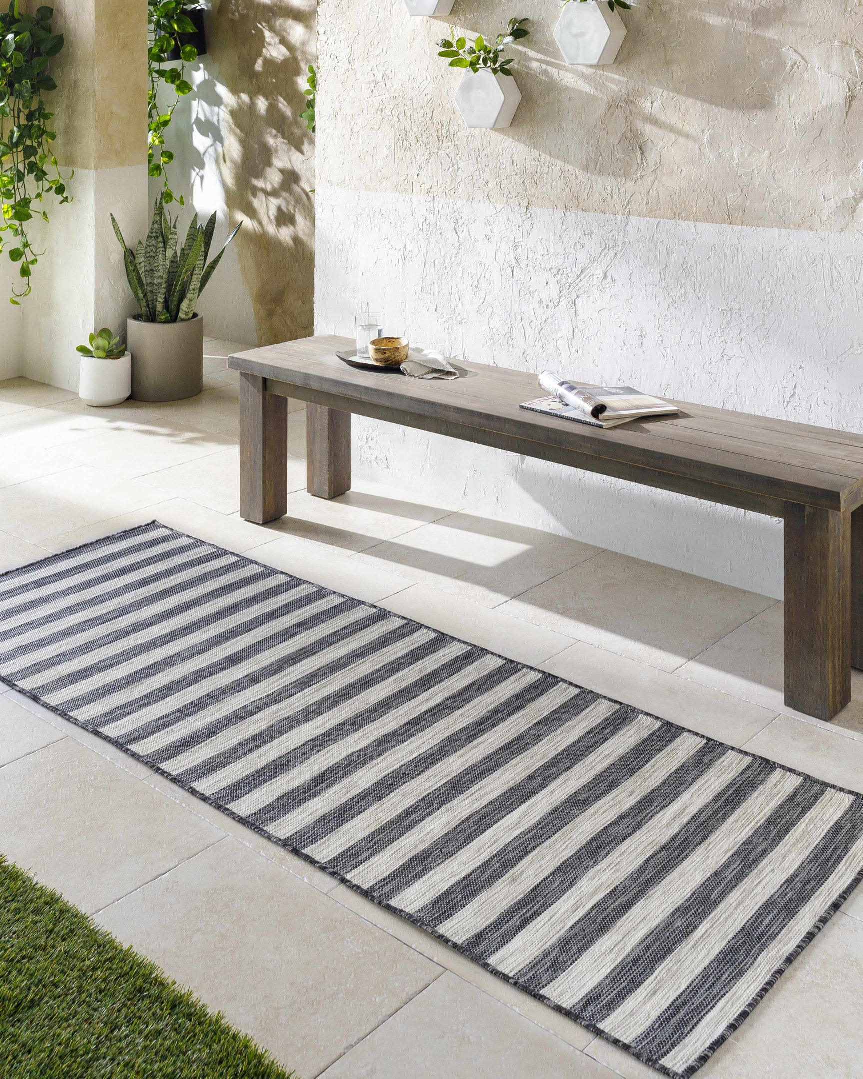 Bongaree Black&Gray Striped Flatweave Outdoor Carpet - Clearance - Ornate Home