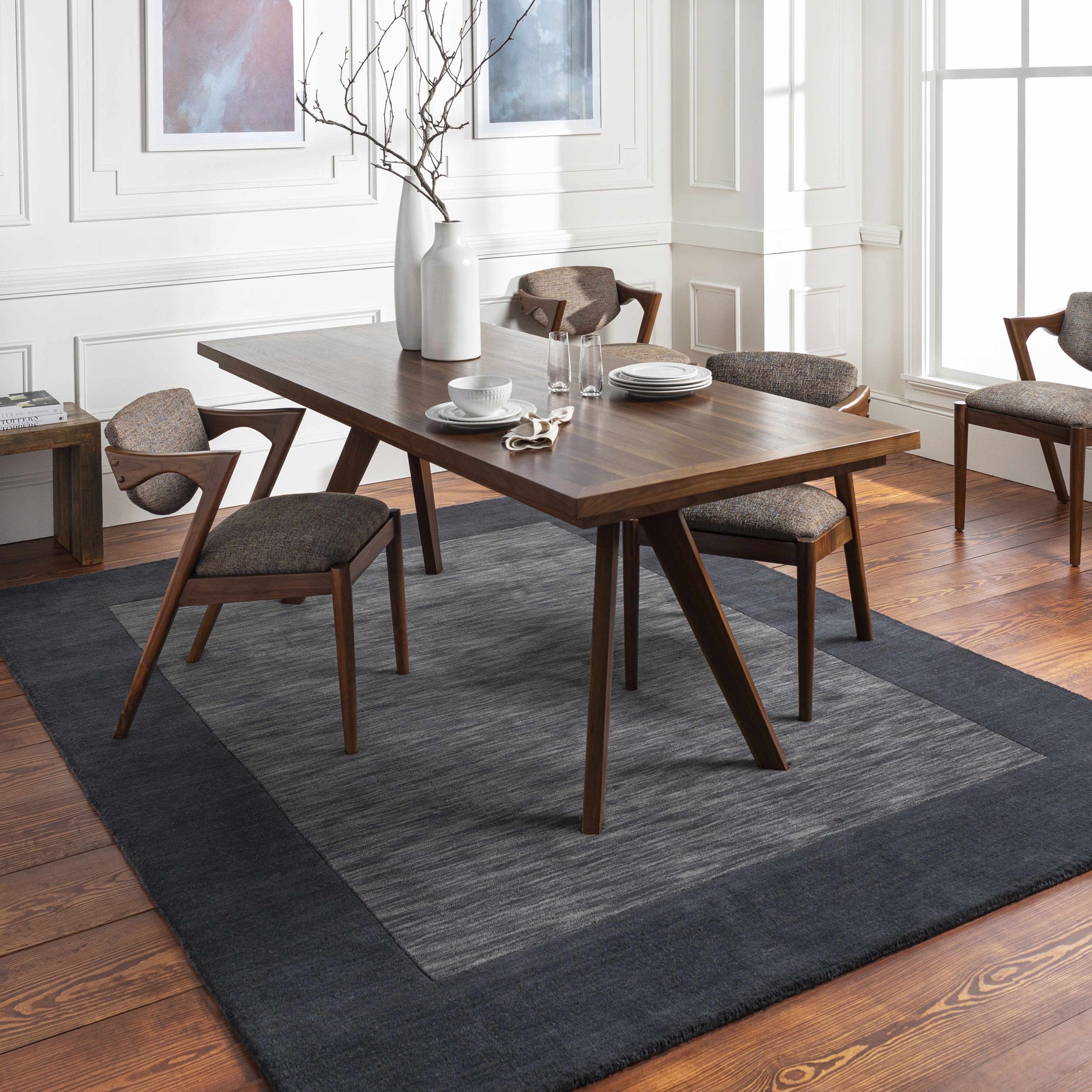 Bordered Solid Black Charcoal Wool Rug - Ornate Home