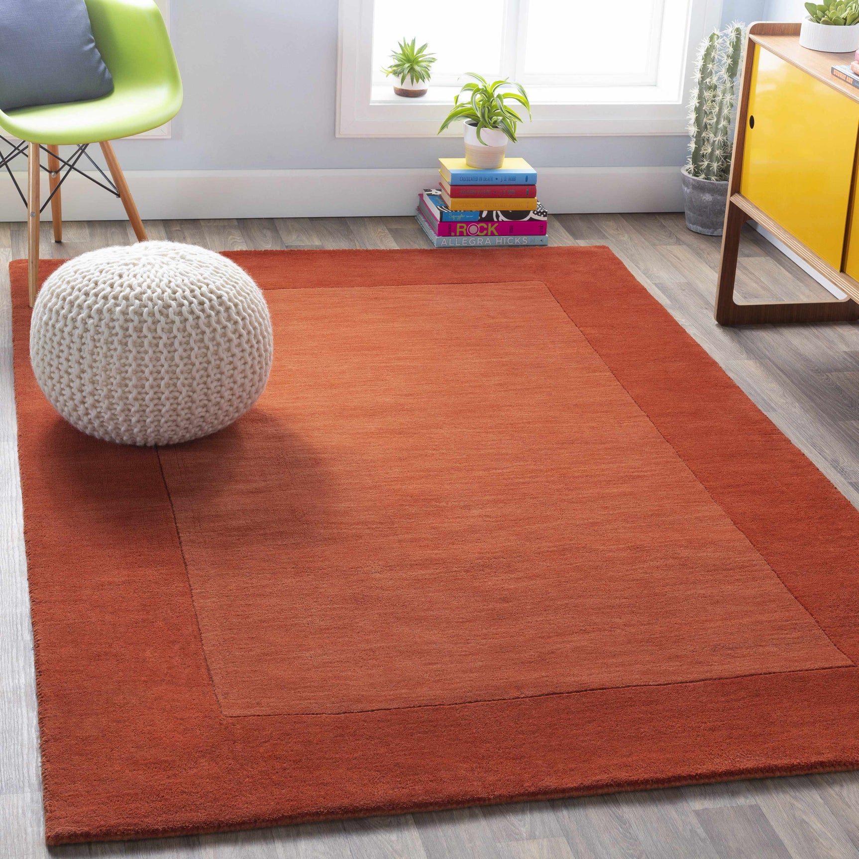 Bordered Solid Brick Red Wool Rug - Ornate Home