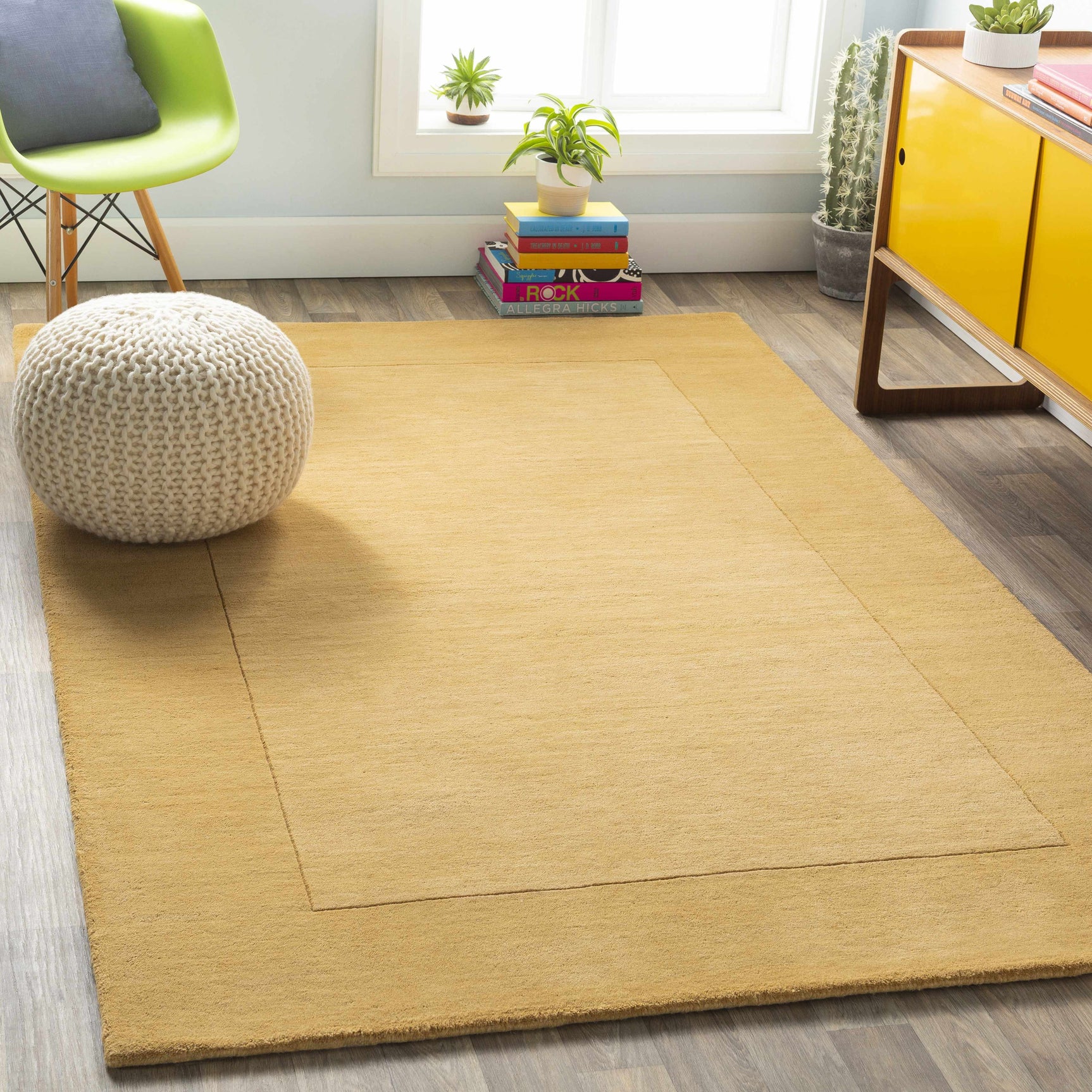 Bordered Solid Camel Yellow Wool Rug - Ornate Home
