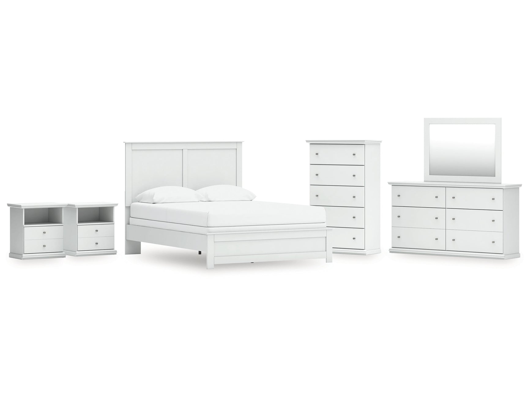 Bostwick Shoals Queen Panel Bed with Mirrored Dresser, Chest and 2 Nightstands - Ornate Home