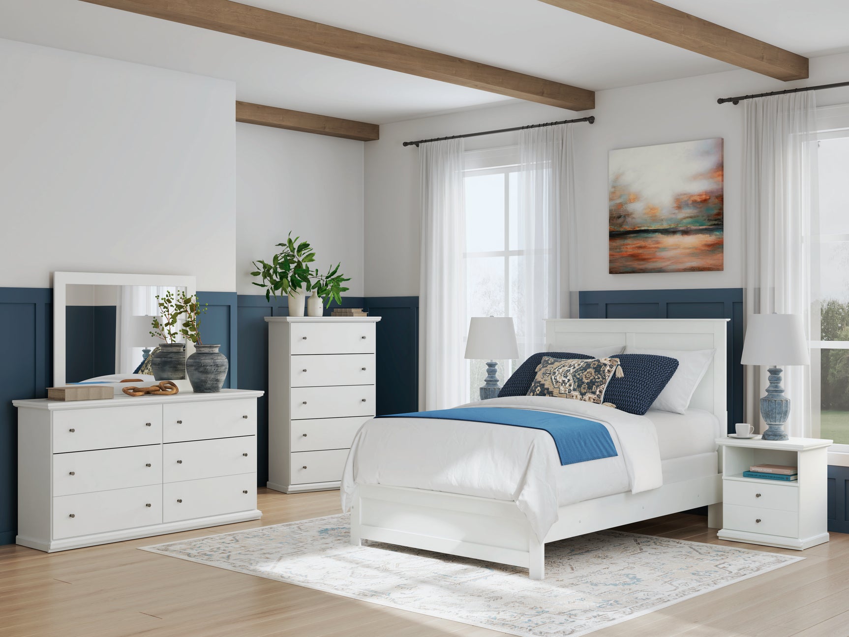 Bostwick Shoals White Full Panel Bed, Dresser, Mirror, Chest, and Nightstand - Ornate Home