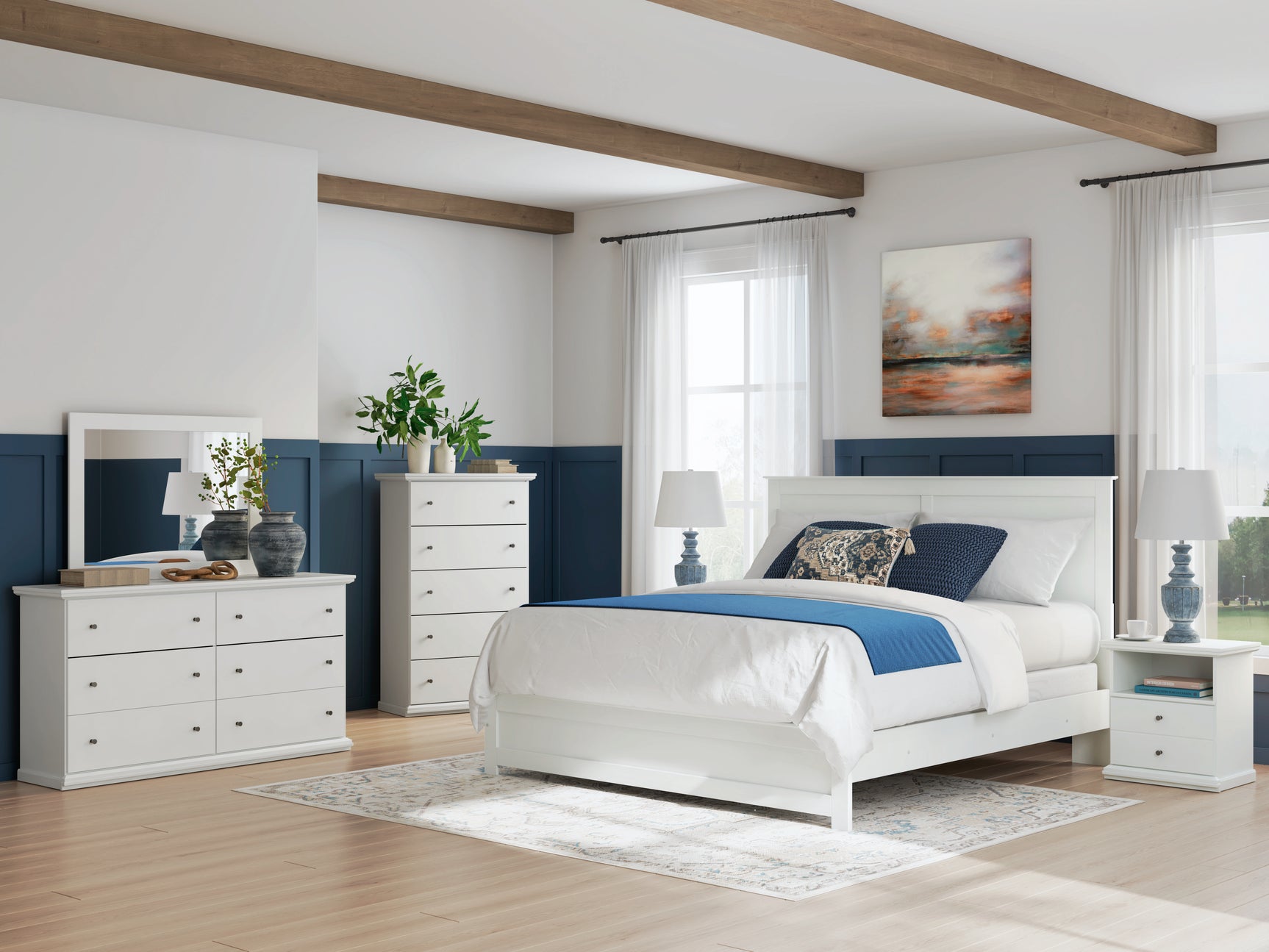 Bostwick Shoals White King Panel Bed, Dresser, Mirror, Chest and 2 Nightstands (Online Special Price) - Ornate Home