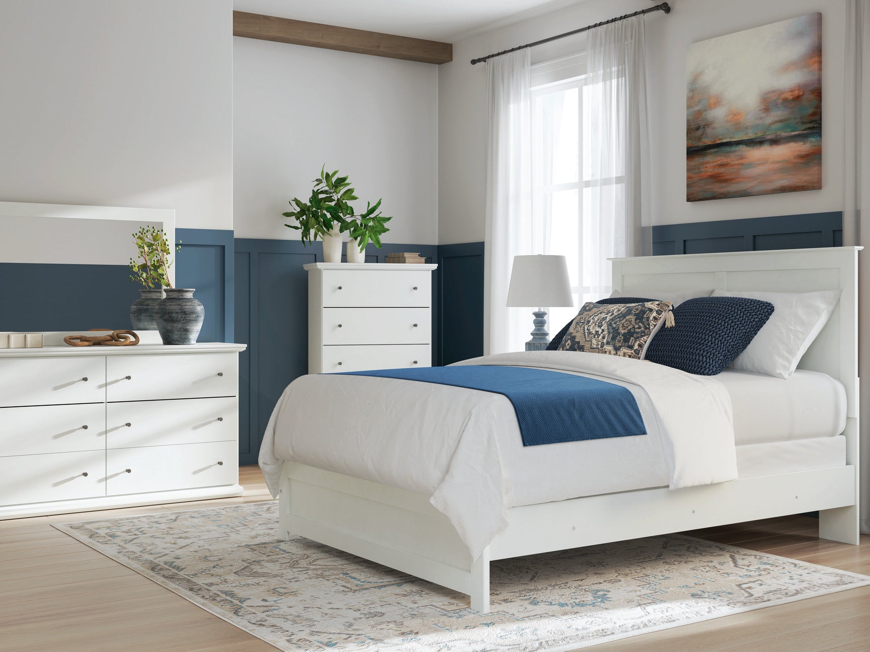 Bostwick Shoals White King Panel Bed, Dresser, Mirror, Chest and 2 Nightstands - Ornate Home