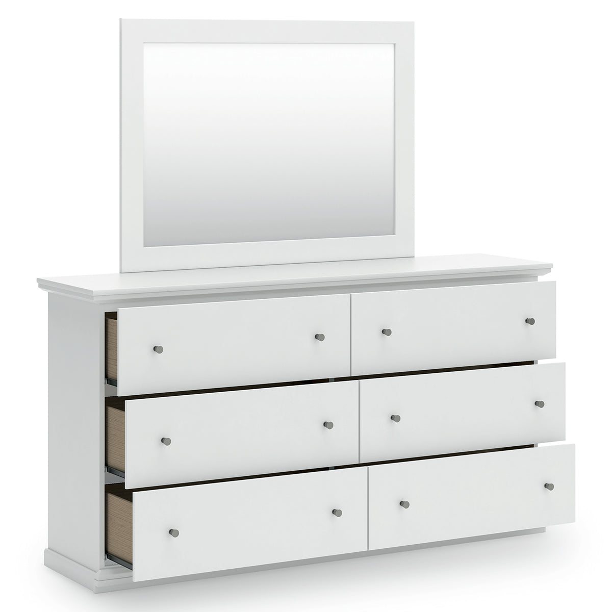 Bostwick Shoals White Queen Panel Bed with Mirrored Dresser, Chest and 2 Nightstands - Ornate Home