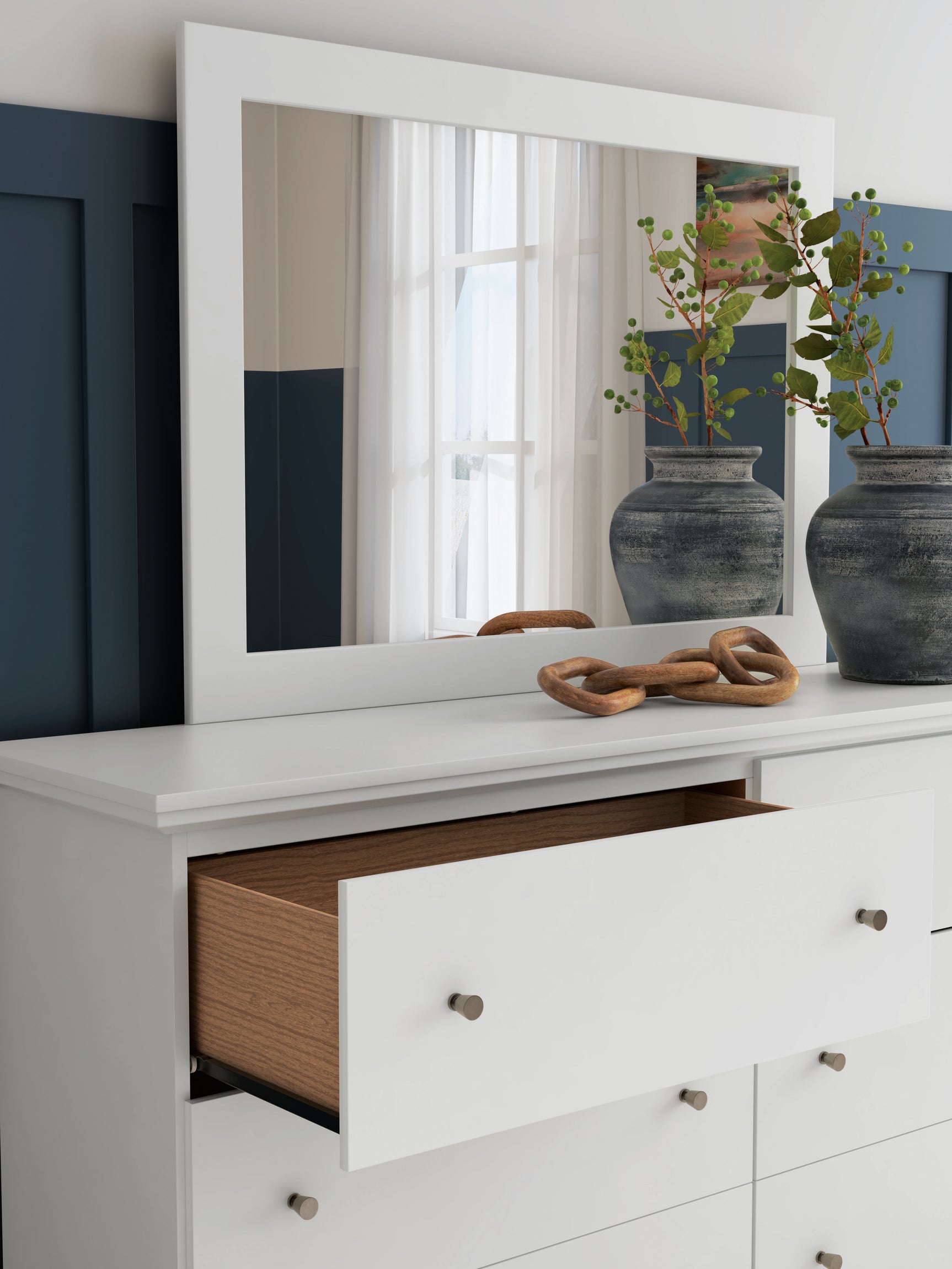 Bostwick Shoals White Queen Panel Bed with Mirrored Dresser, Chest and 2 Nightstands - Ornate Home