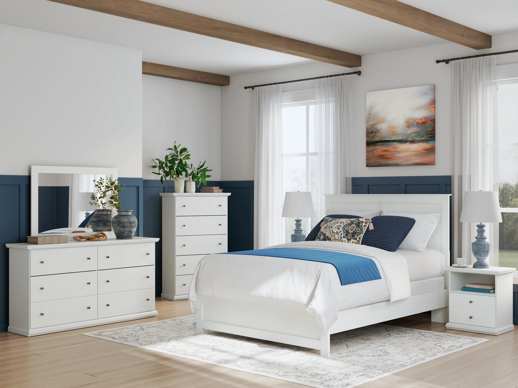 Bostwick Shoals White Queen Panel Bed with Mirrored Dresser, Chest and 2 Nightstands - Ornate Home