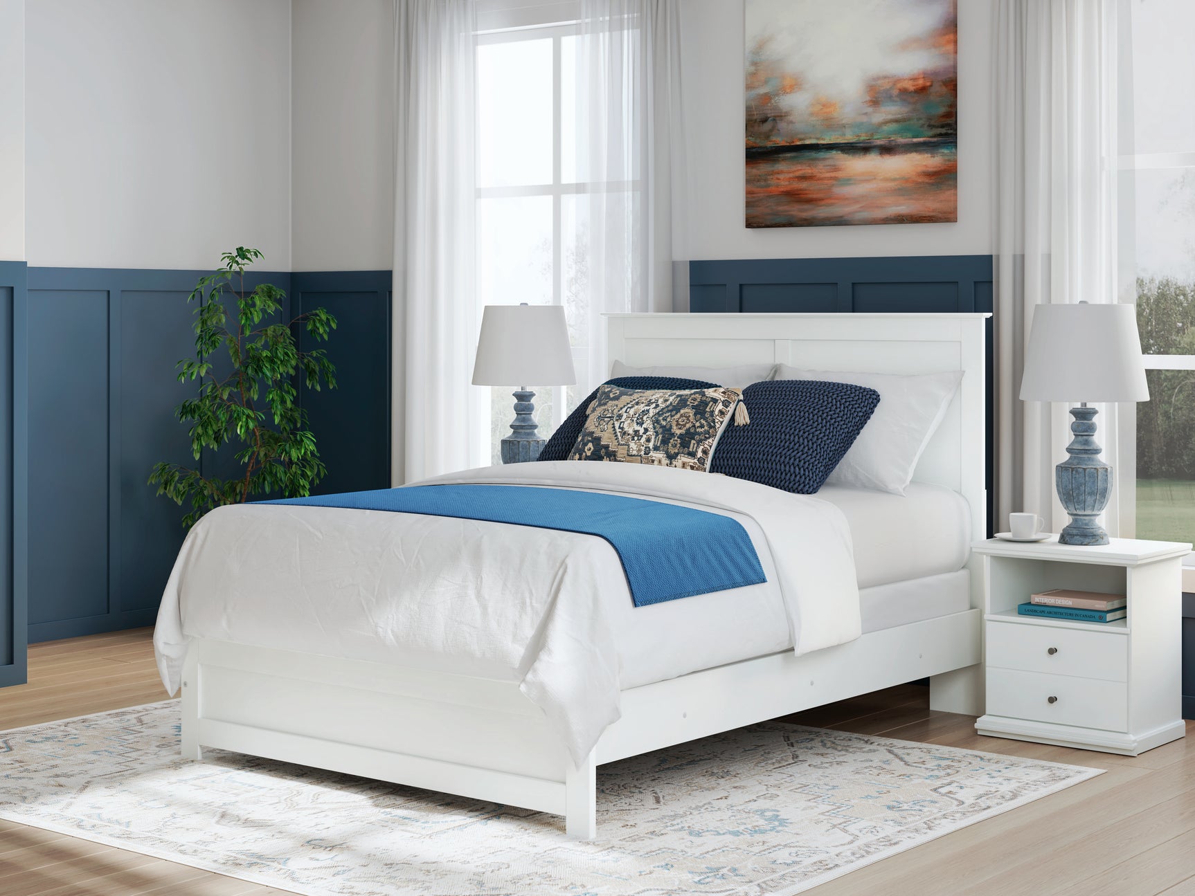Bostwick Shoals White Queen Panel Bed with Mirrored Dresser, Chest and 2 Nightstands - Ornate Home