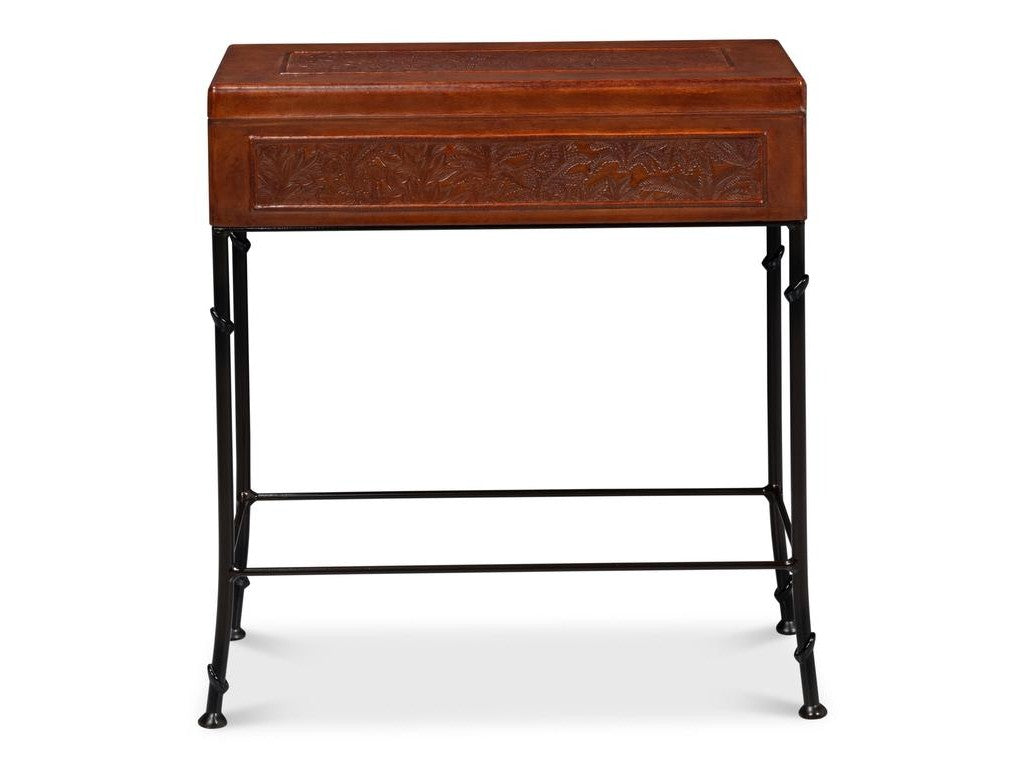 Botanical Brown Leather Box On Stand - Ornate Home
