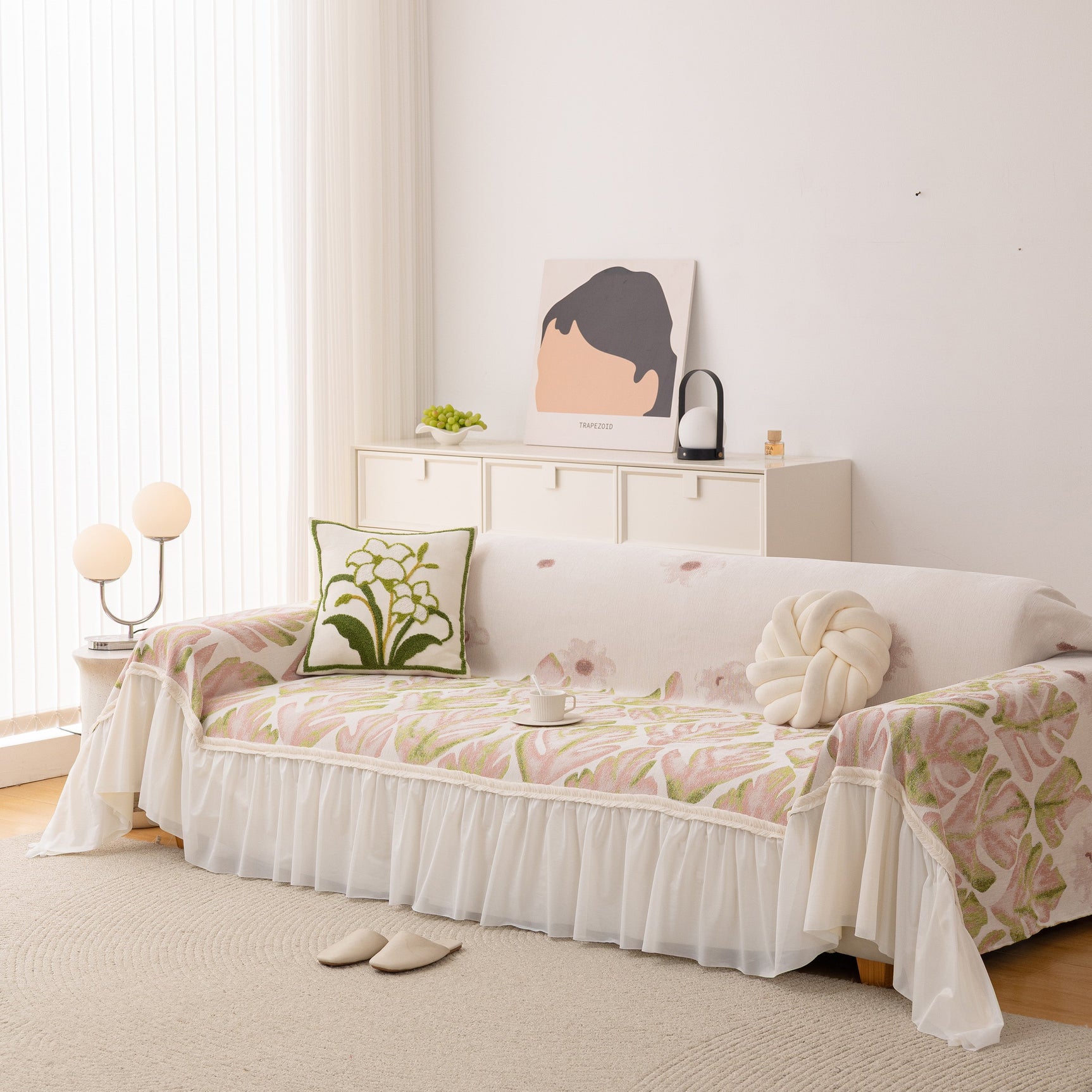 Botanical Sofa Cover with Chiffon Skirt, Floral Couch Throw Blanket for All-Season - Ornate Home