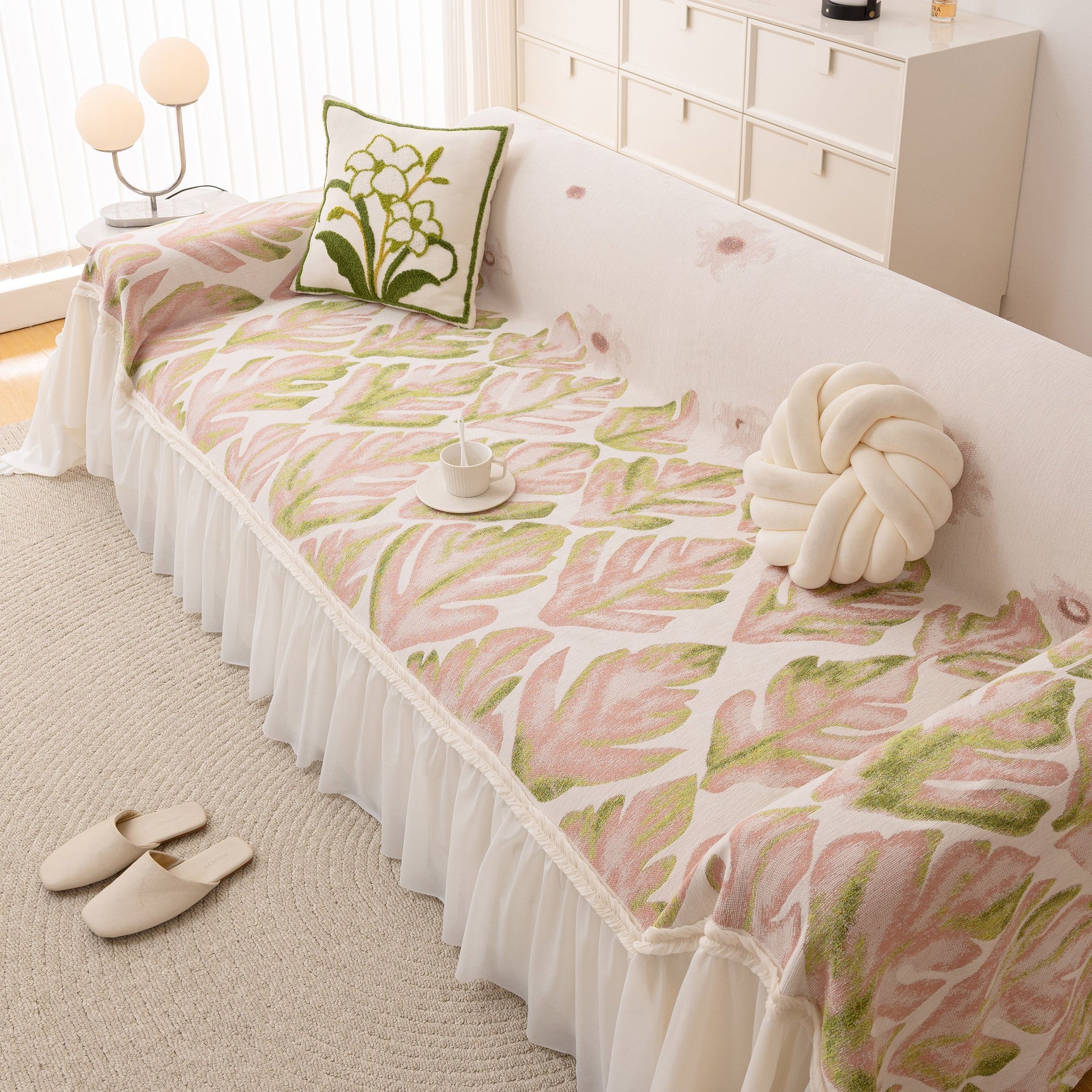 Botanical Sofa Cover with Chiffon Skirt, Floral Couch Throw Blanket for All-Season - Ornate Home